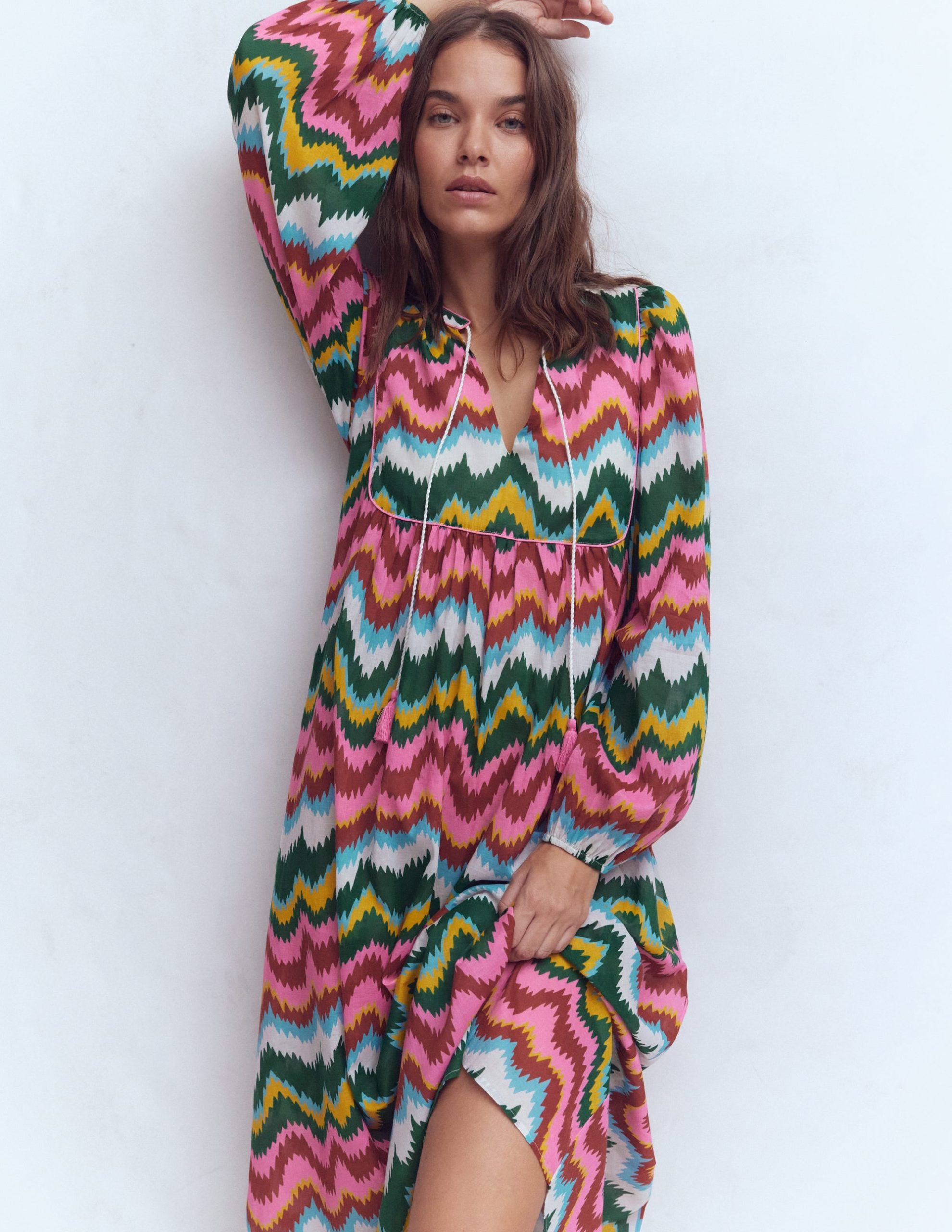 Boho Tie Neck Kaftan-Multi. Zig Zag Wave - Image 5