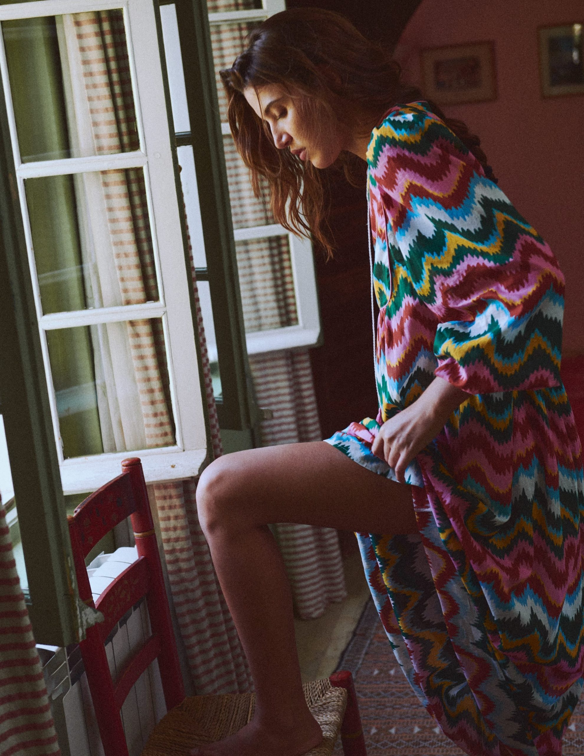 Boho Tie Neck Kaftan-Multi. Zig Zag Wave - Image 6