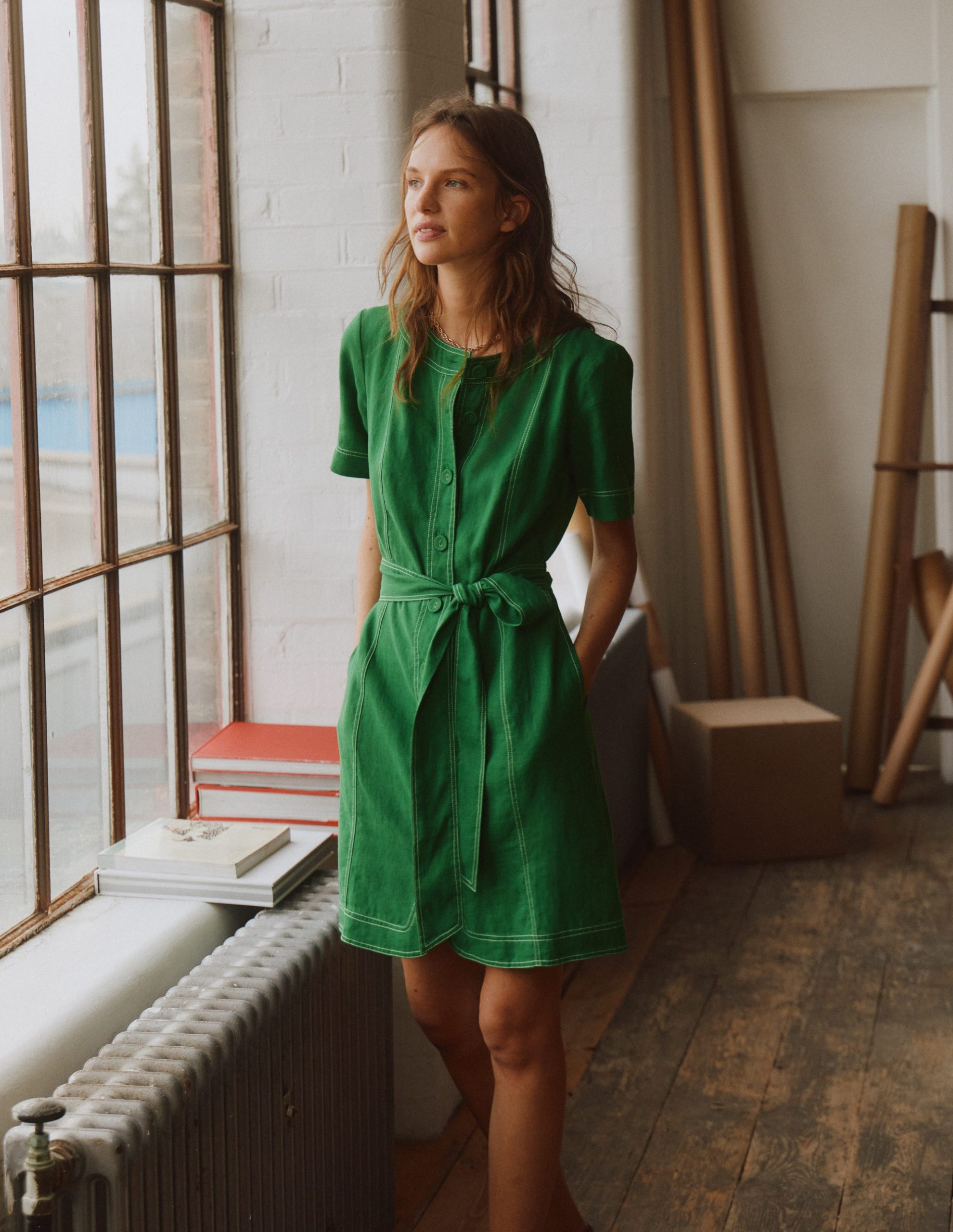 Callie Linen Short Dress-Highland Green - Image 5