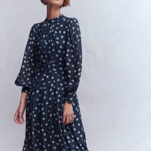 High Neck Occasion Dress-French Navy. Painted Dot