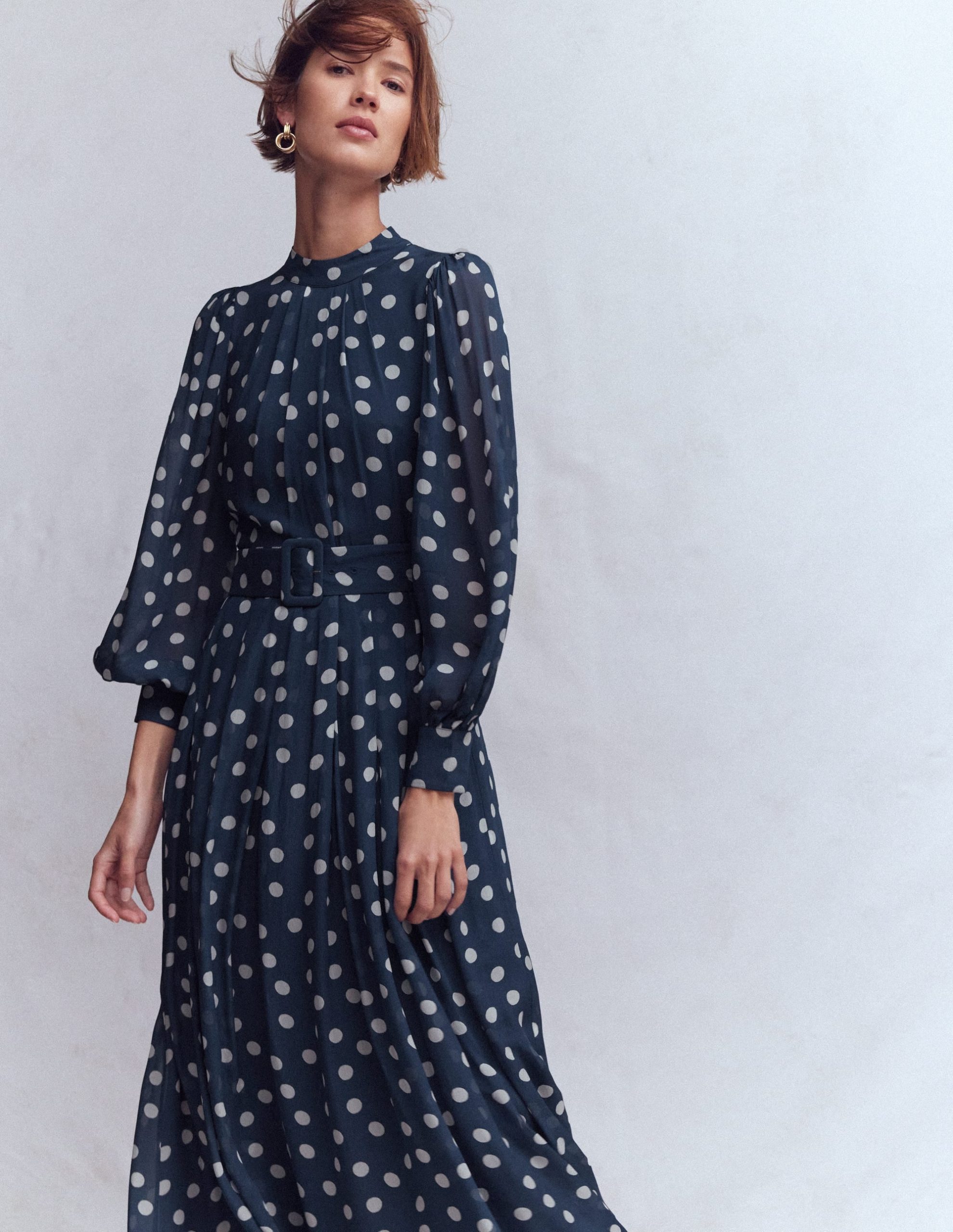High Neck Occasion Dress-French Navy. Painted Dot