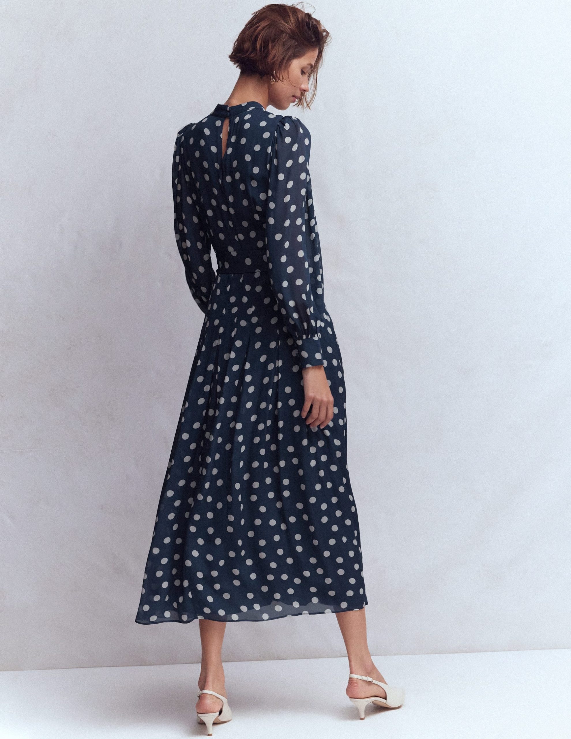 High Neck Occasion Dress-French Navy. Painted Dot - Image 3
