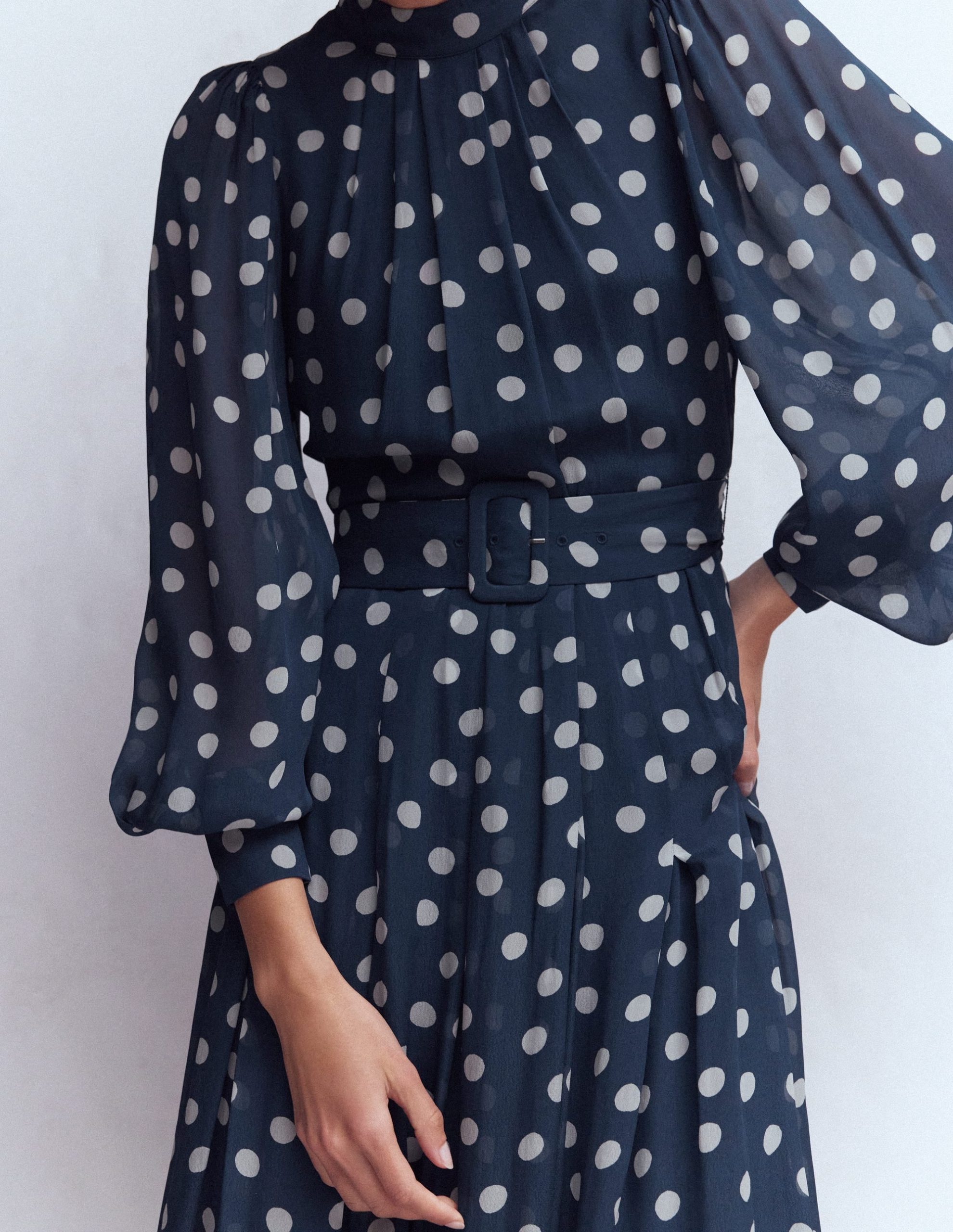 High Neck Occasion Dress-French Navy. Painted Dot - Image 4