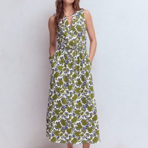 Delphine Midi Sleeveless Dress-Olive. Shadow Blossom