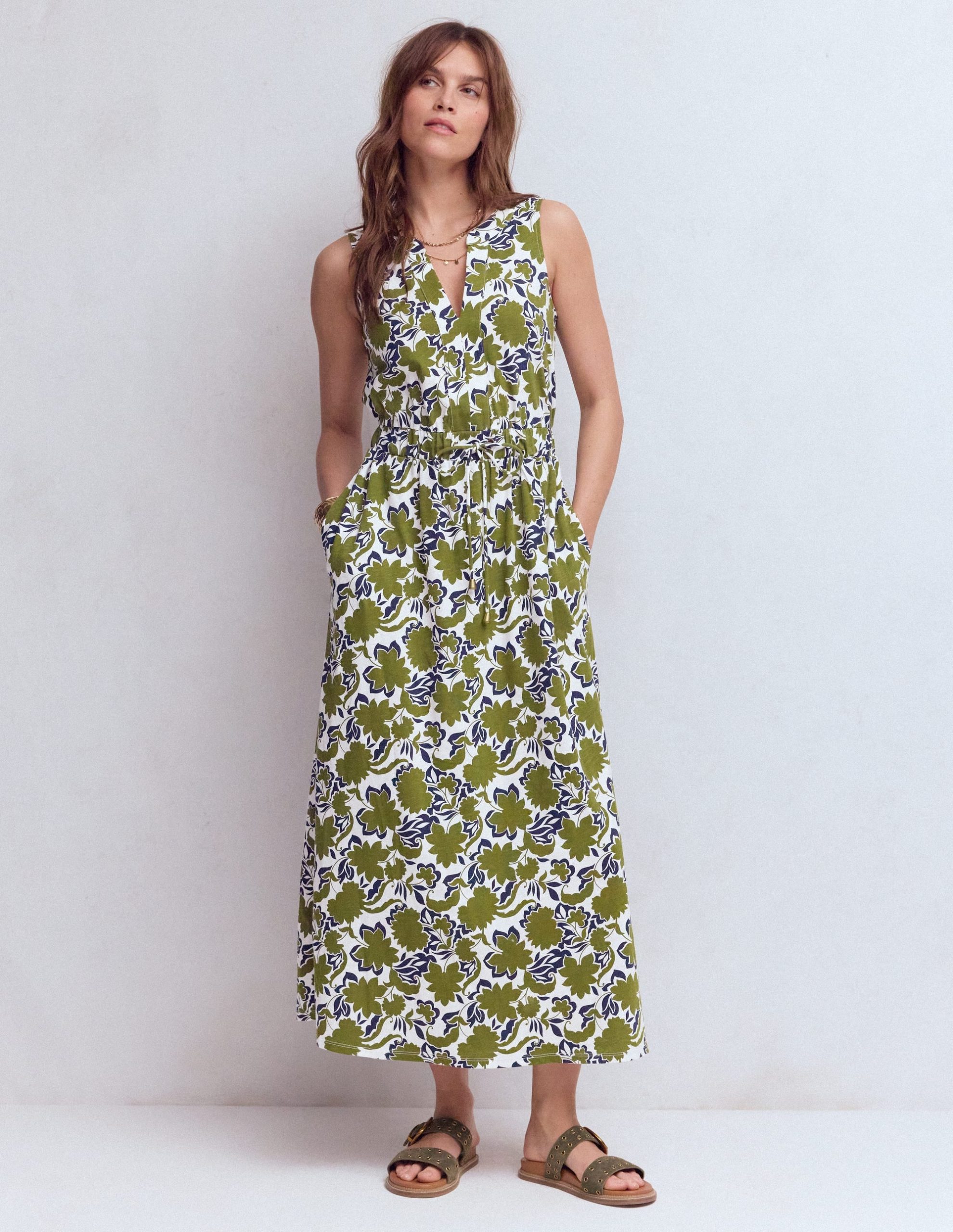 Delphine Midi Sleeveless Dress-Olive. Shadow Blossom