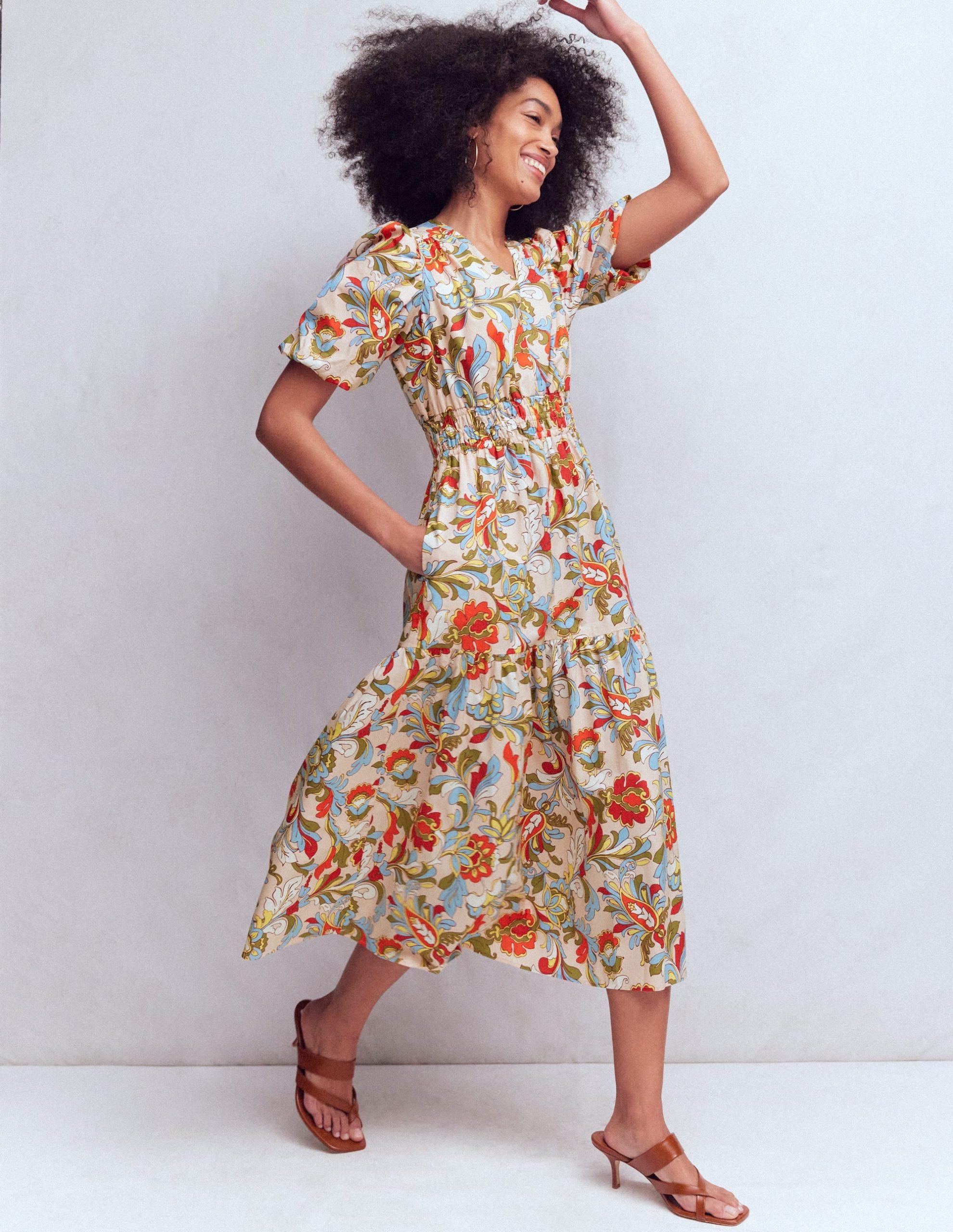 Irene Puff Sleeve Cotton Dress-Multi. Botanical Flourish