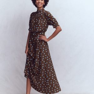 High Neck Belted Dress-Raw Umber. Painted Dot