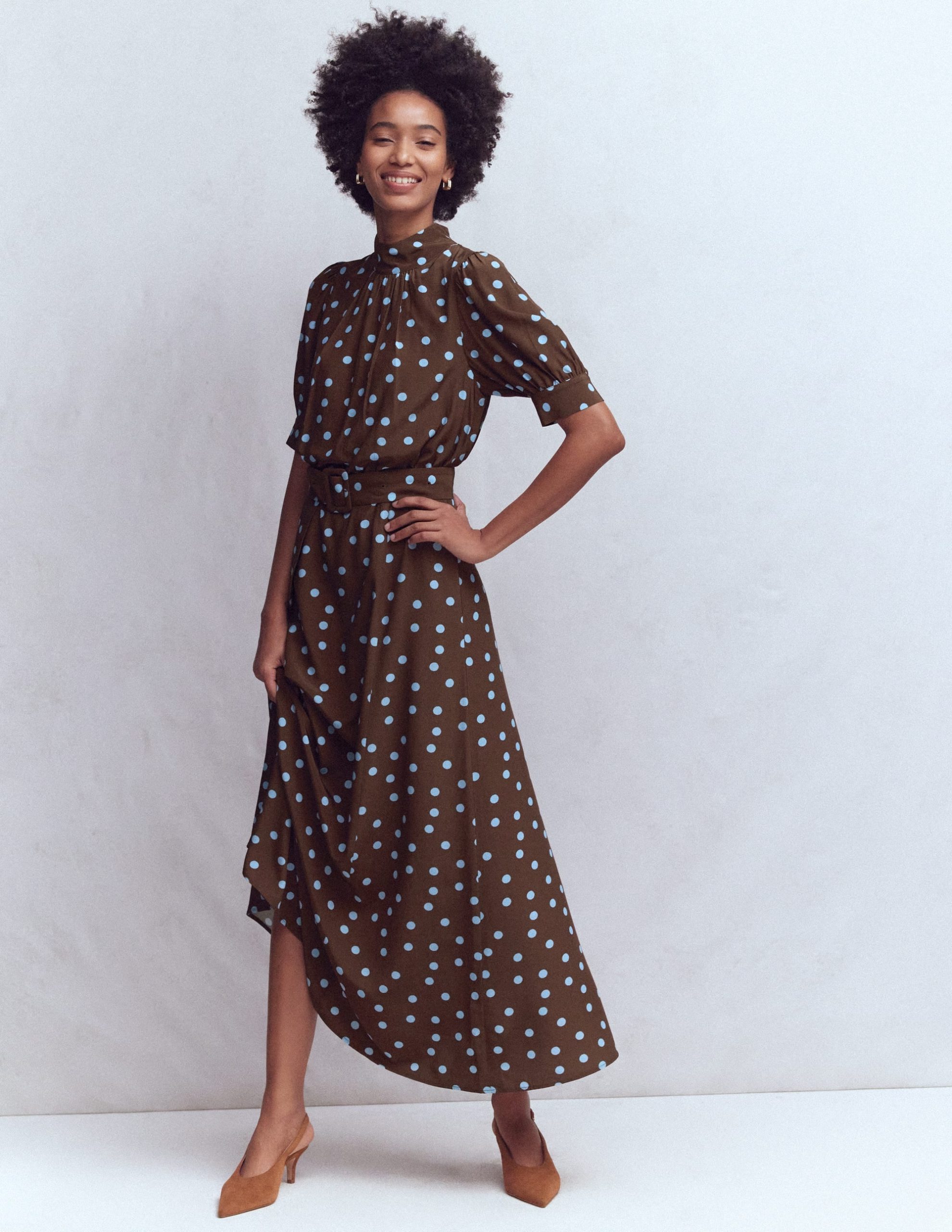 High Neck Belted Dress-Raw Umber. Painted Dot