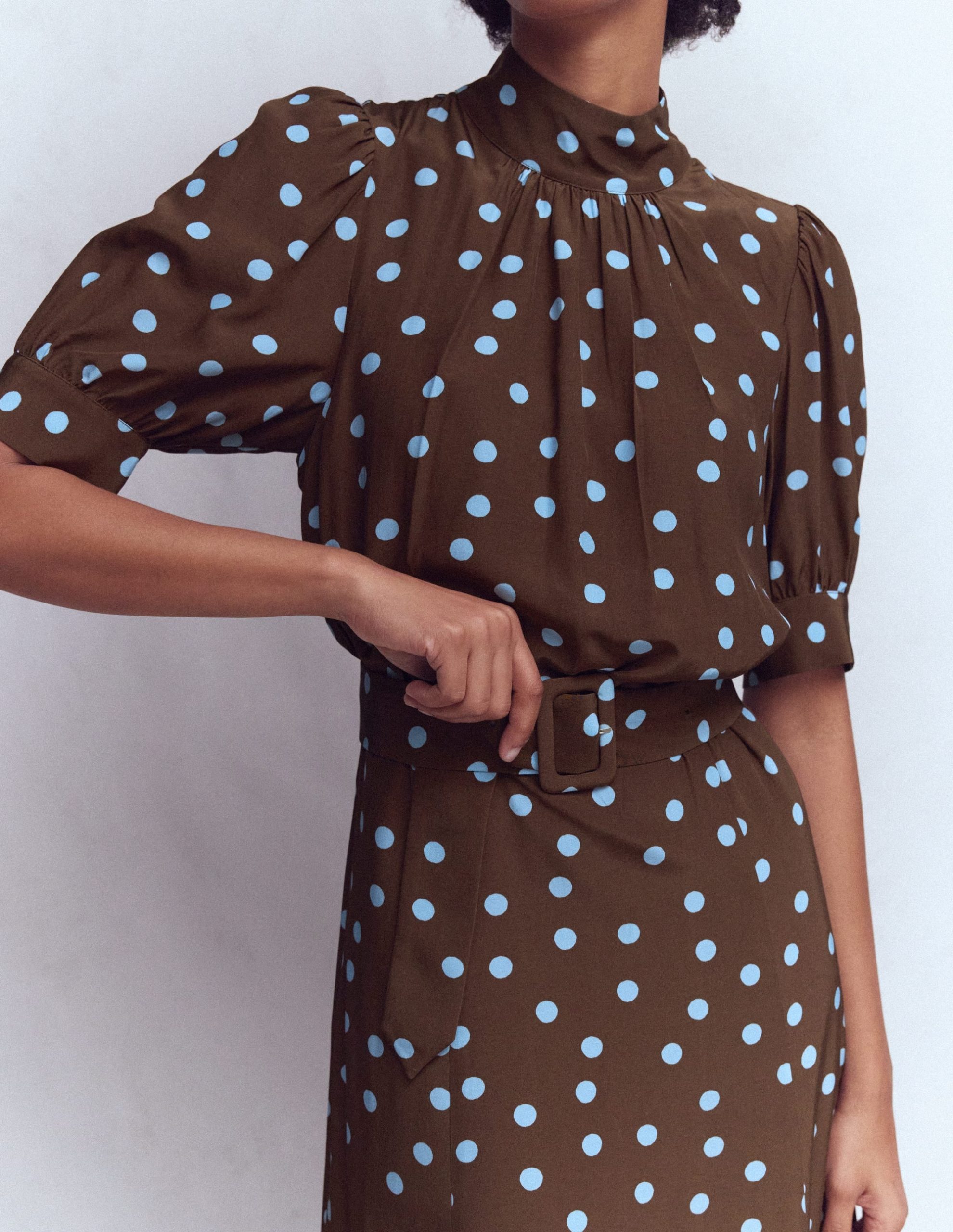 High Neck Belted Dress-Raw Umber. Painted Dot - Image 2