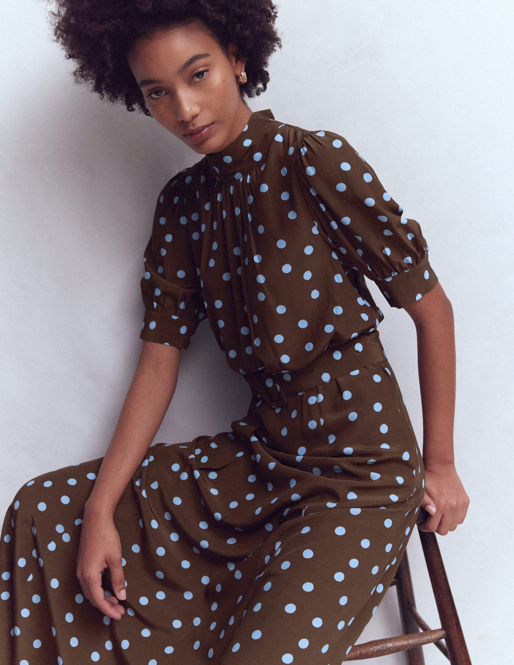 High Neck Belted Dress-Raw Umber. Painted Dot - Image 4