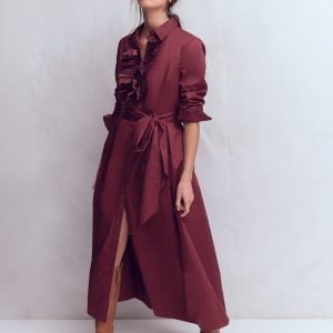 Pleated Ruffle Shirt Dress-Deep Wisteria
