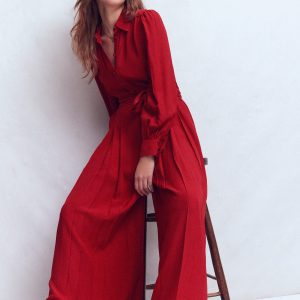 Button Up Palazzo Jumpsuit-Red