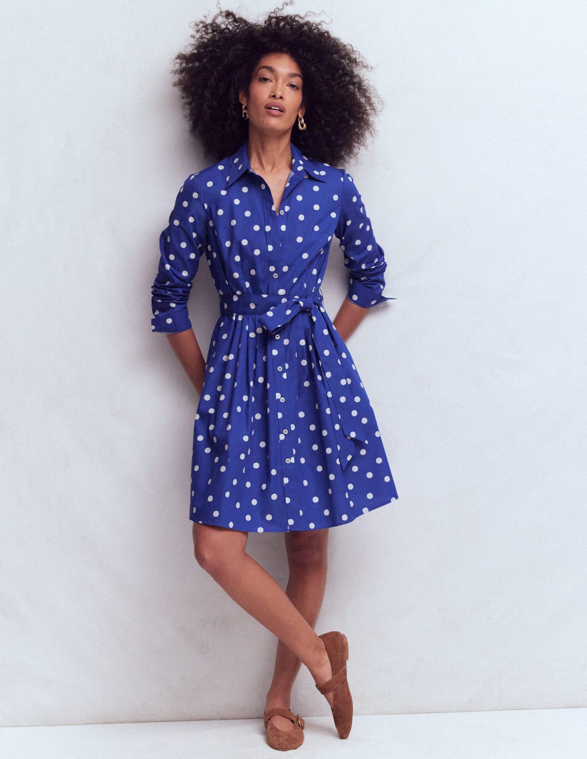 Alexa Long Sleeve Short Dress-Bright Blue. Painted Dot