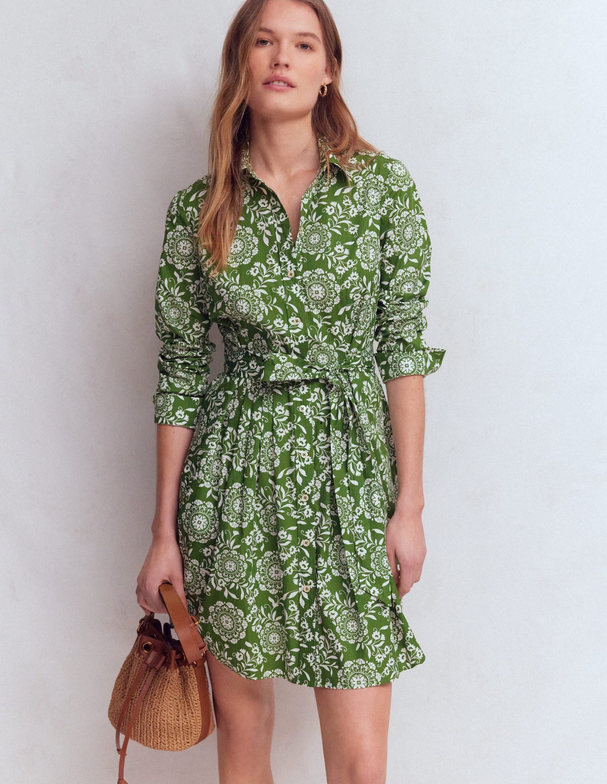 Alexa Long Sleeve Short Dress-Green. Decorative Blossom