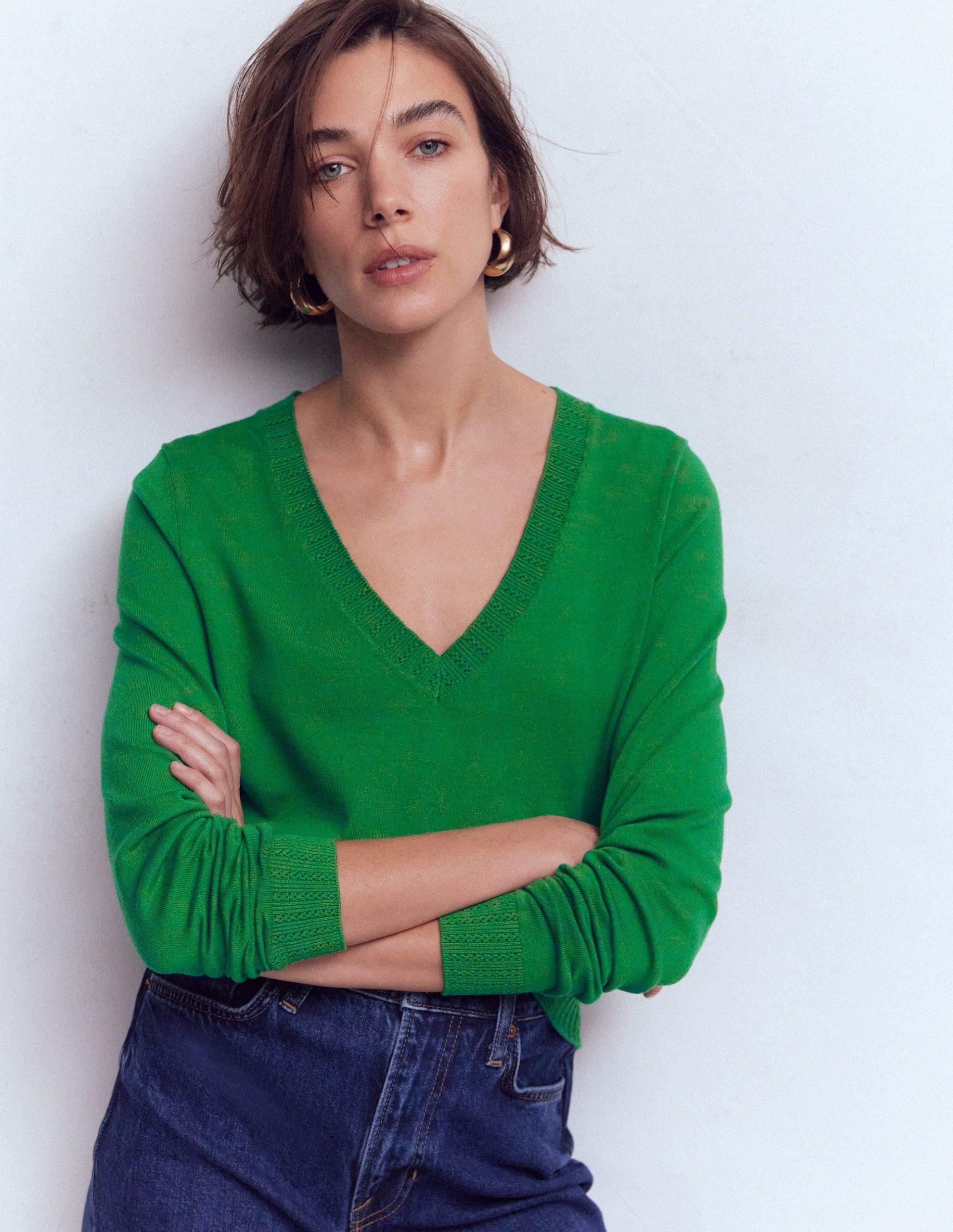 Emilia Cotton V Neck Sweater-Rich Emerald