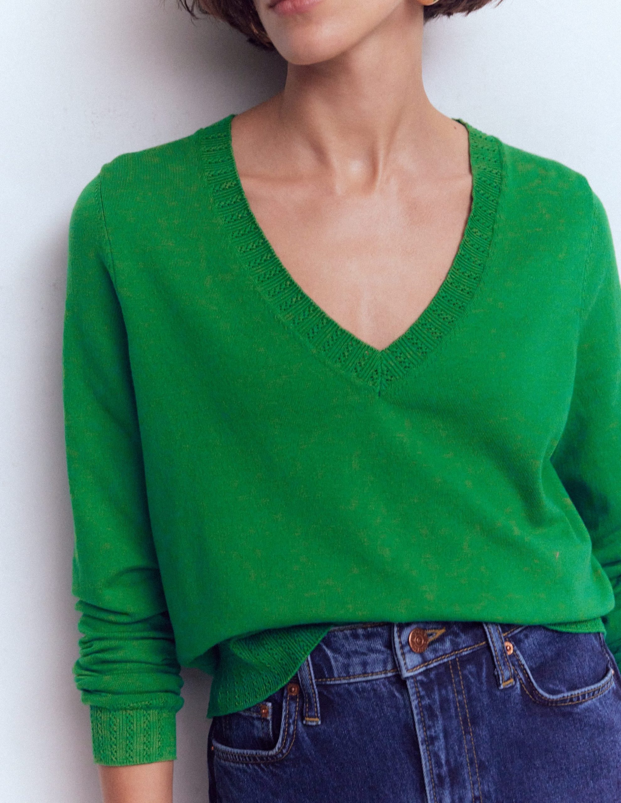 Emilia Cotton V Neck Sweater-Rich Emerald - Image 2