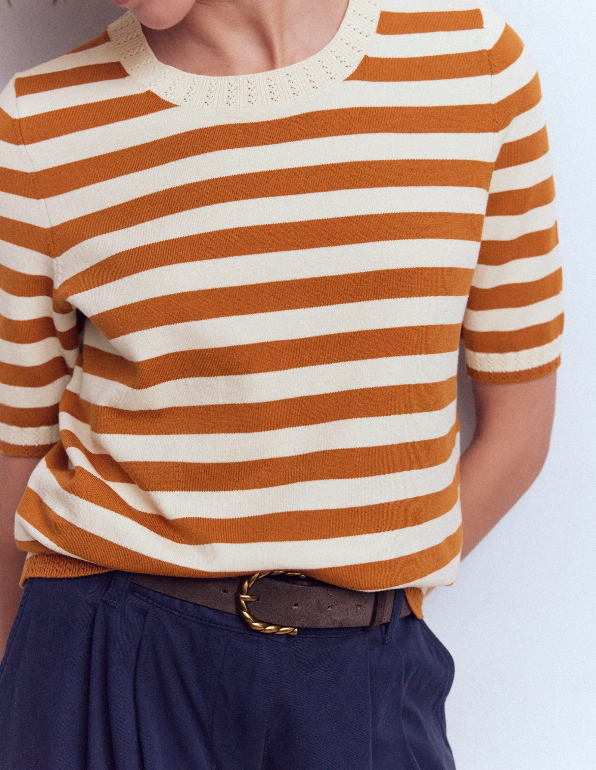 Emilia Cotton Crew T-shirt-Cognac/ Warm Ivory - Image 2