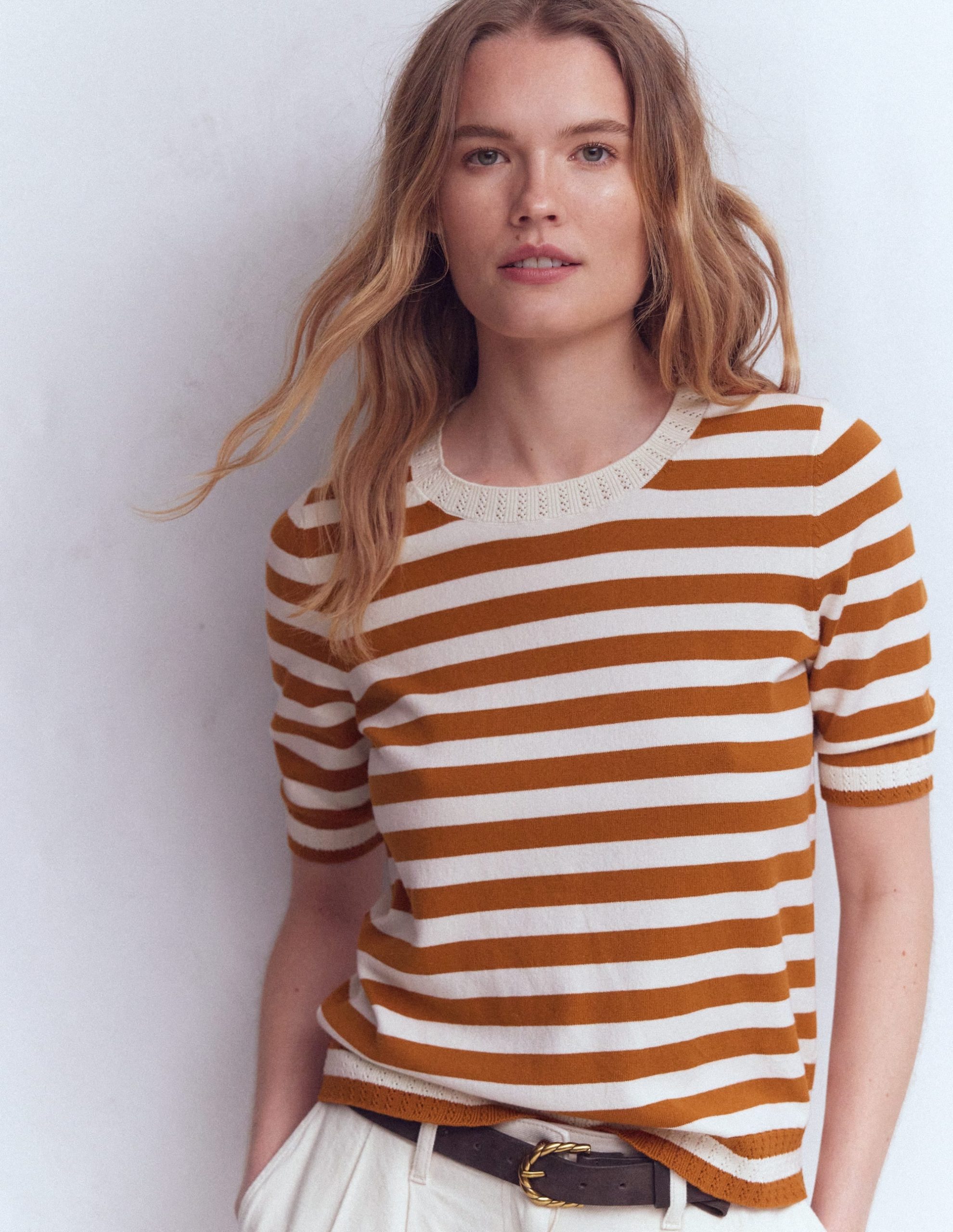 Emilia Cotton Crew T-shirt-Cognac/ Warm Ivory - Image 5