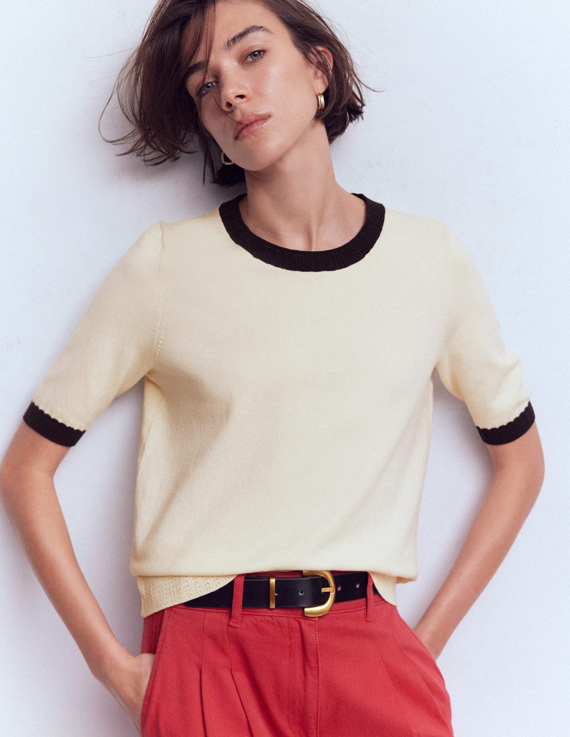Emilia Cotton Crew T-shirt-Warm Ivory. Navy