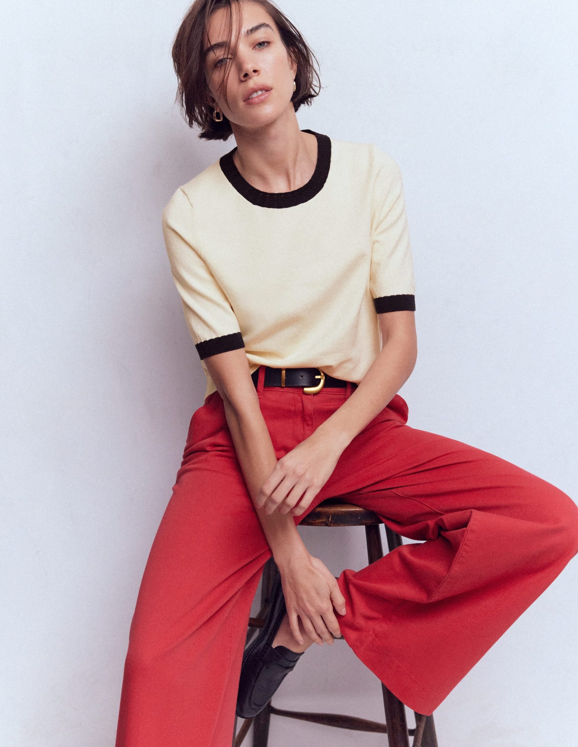 Emilia Cotton Crew T-shirt-Warm Ivory. Navy - Image 4