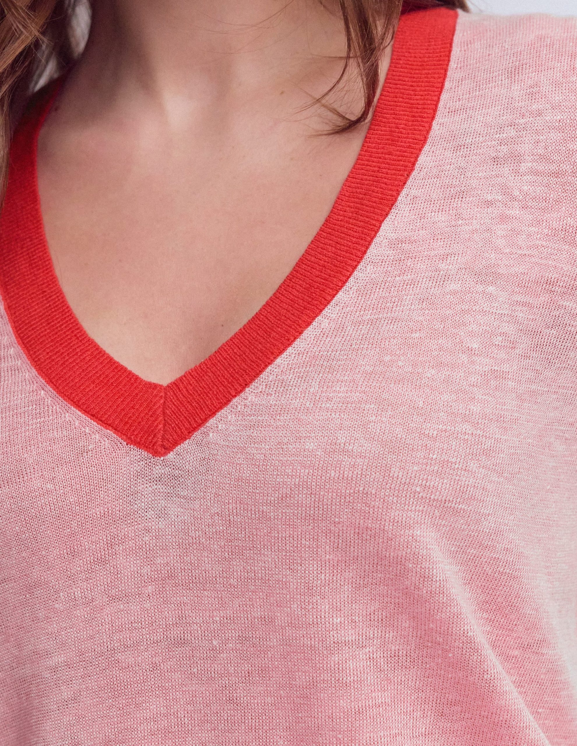 Agnes Linen V Neck T-Shirt-Pink Colour Block - Image 2