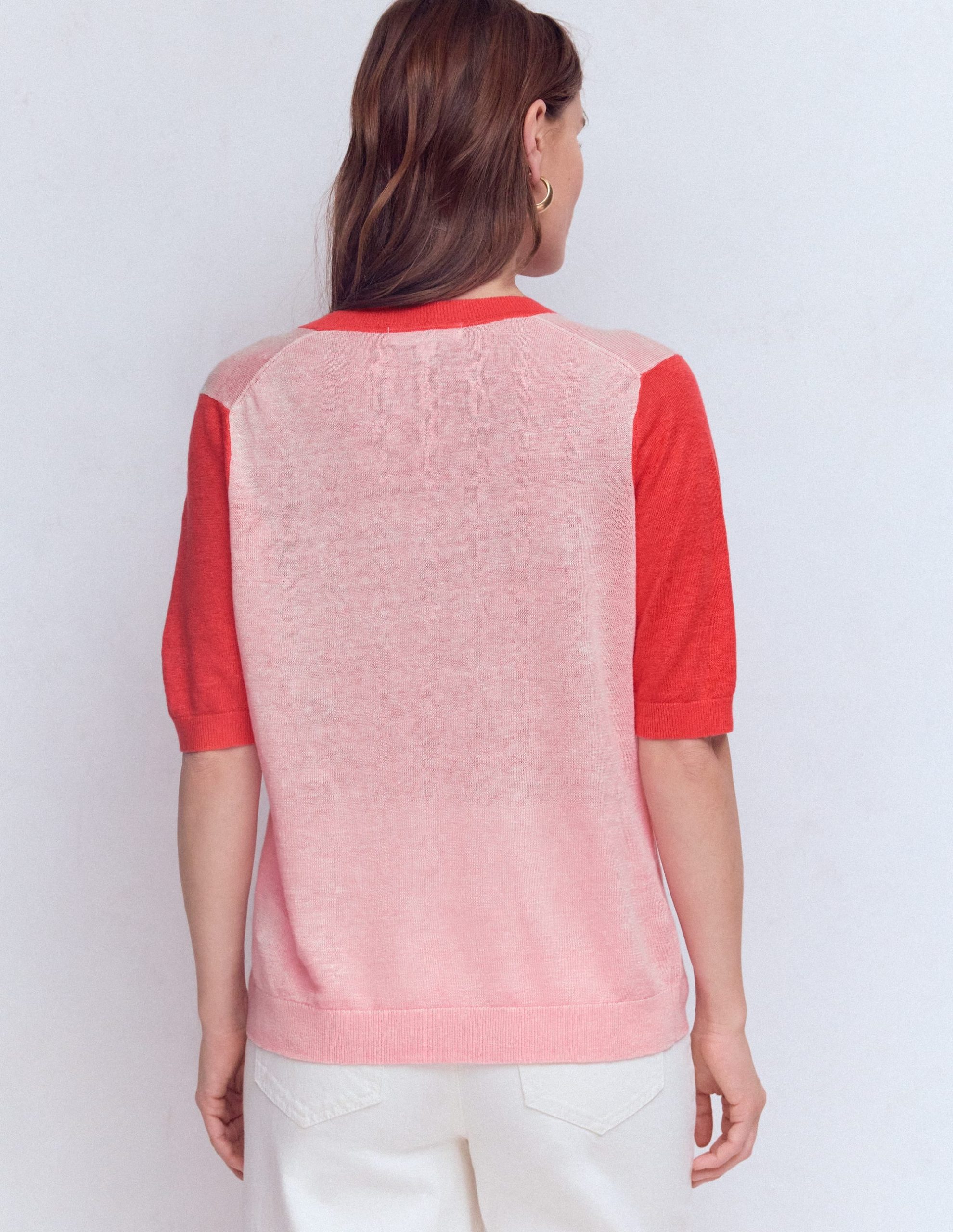 Agnes Linen V Neck T-Shirt-Pink Colour Block - Image 3