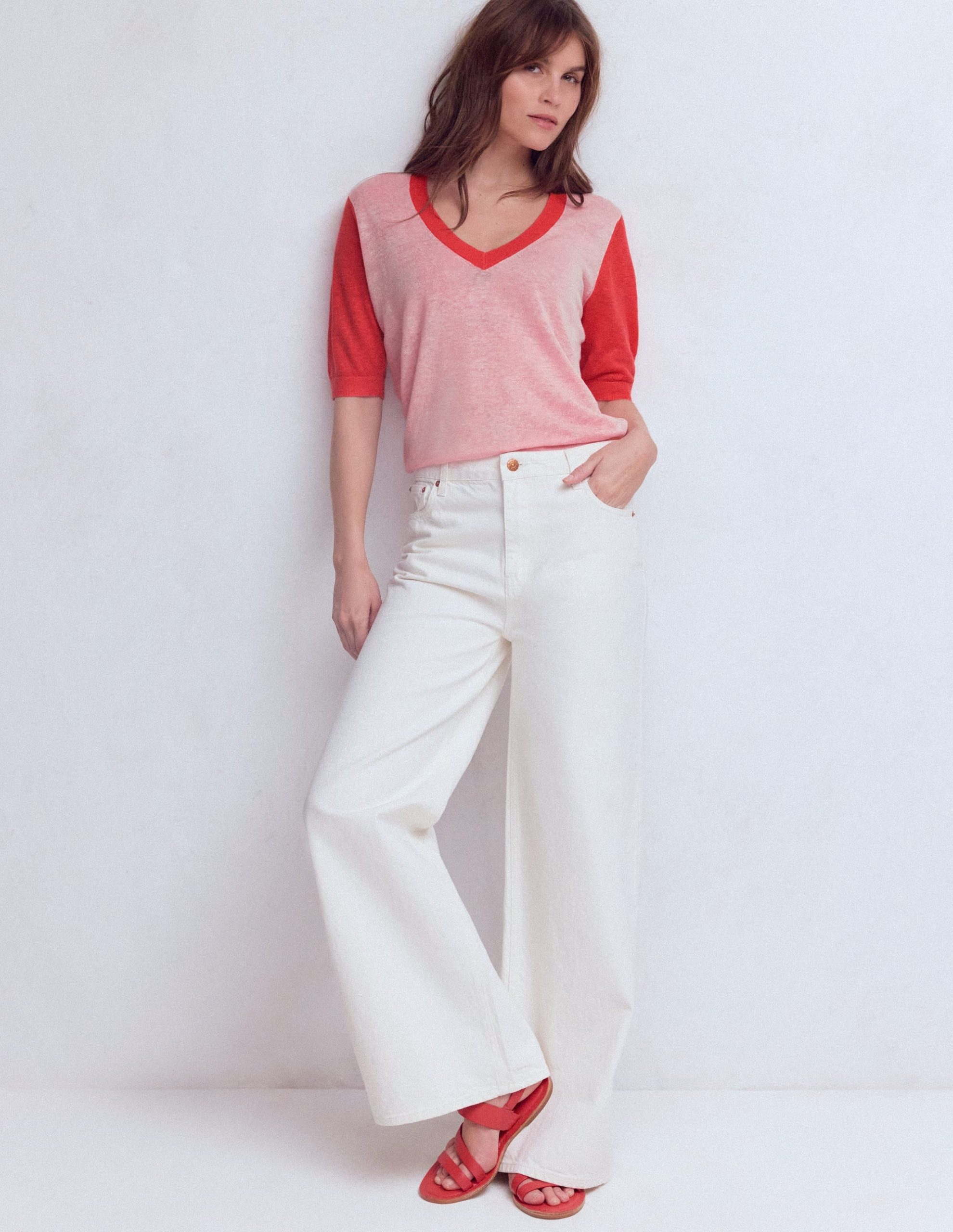 Agnes Linen V Neck T-Shirt-Pink Colour Block - Image 4