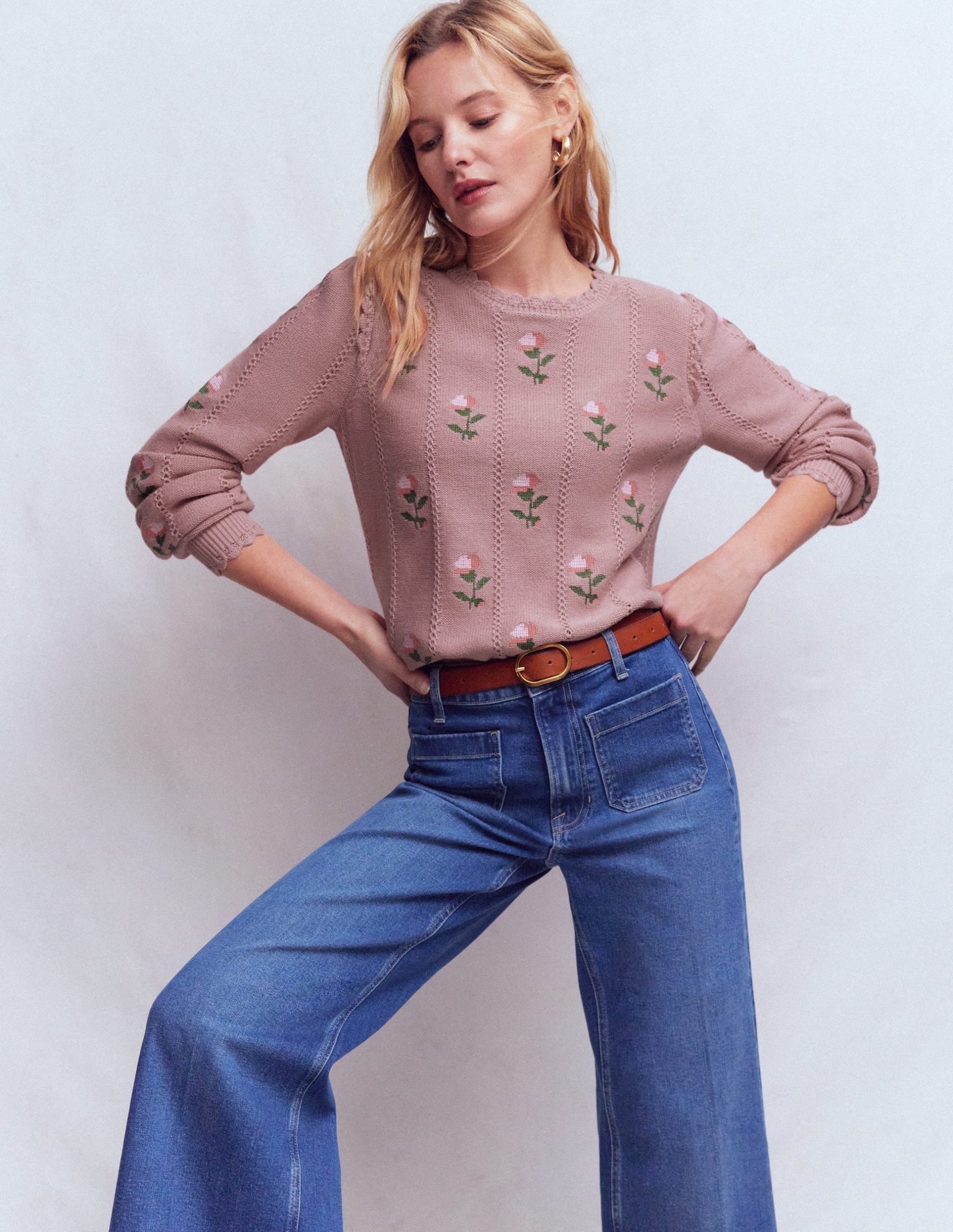Valeria Crochet Trim Jumper-Rose Pink. Embroidery