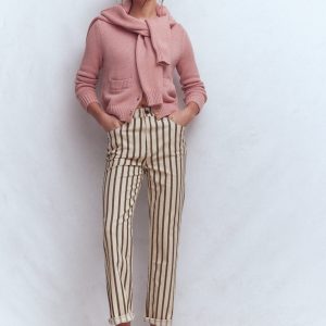 High Rise Straight Jeans-Brown Ecru Stripe