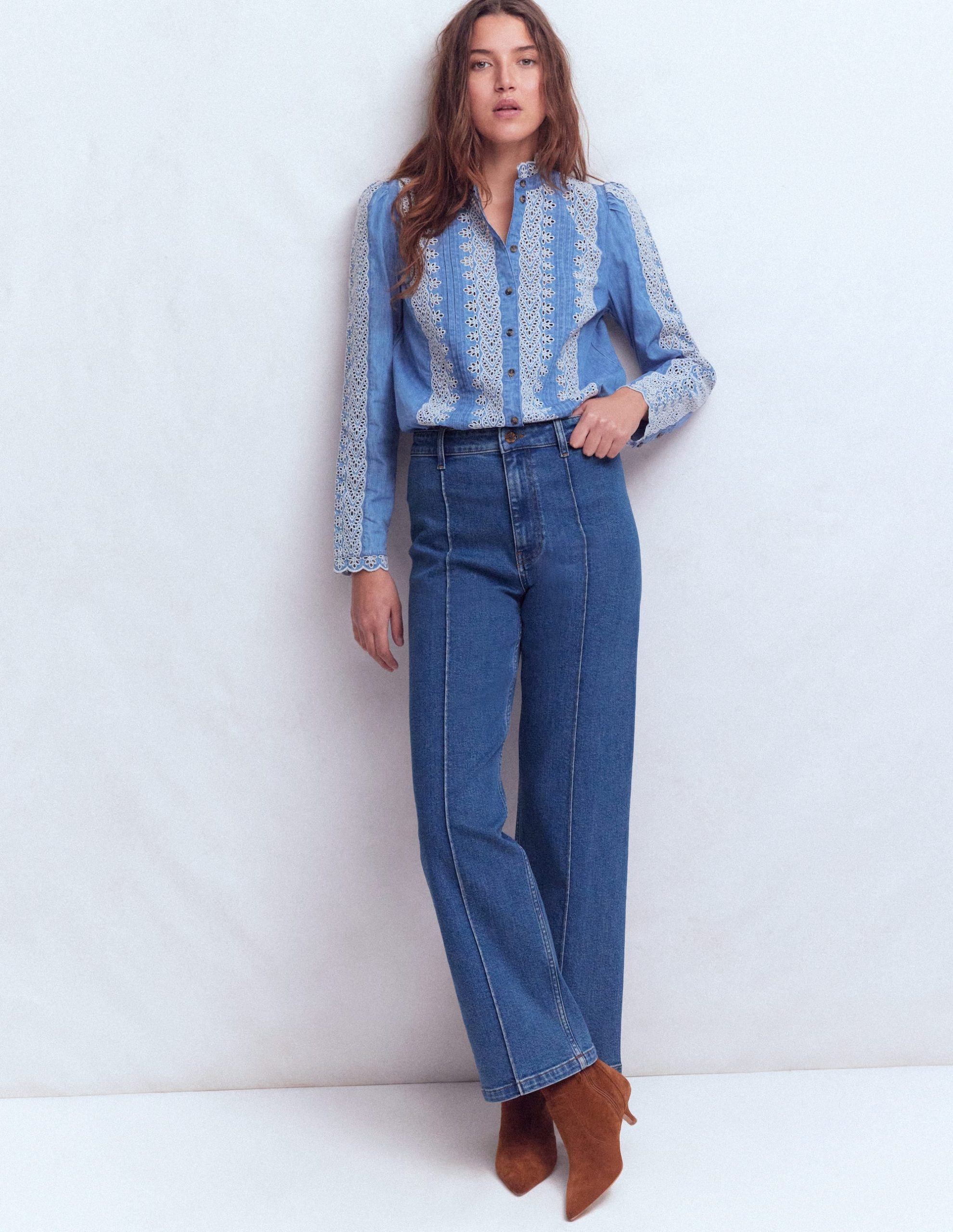 Pintuck Column Leg Jeans-Mid Vintage