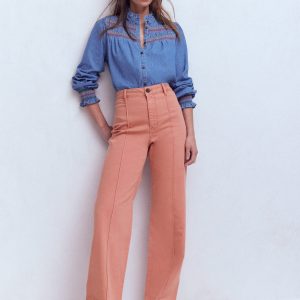 Pintuck Column Leg Jeans-Almond Pink