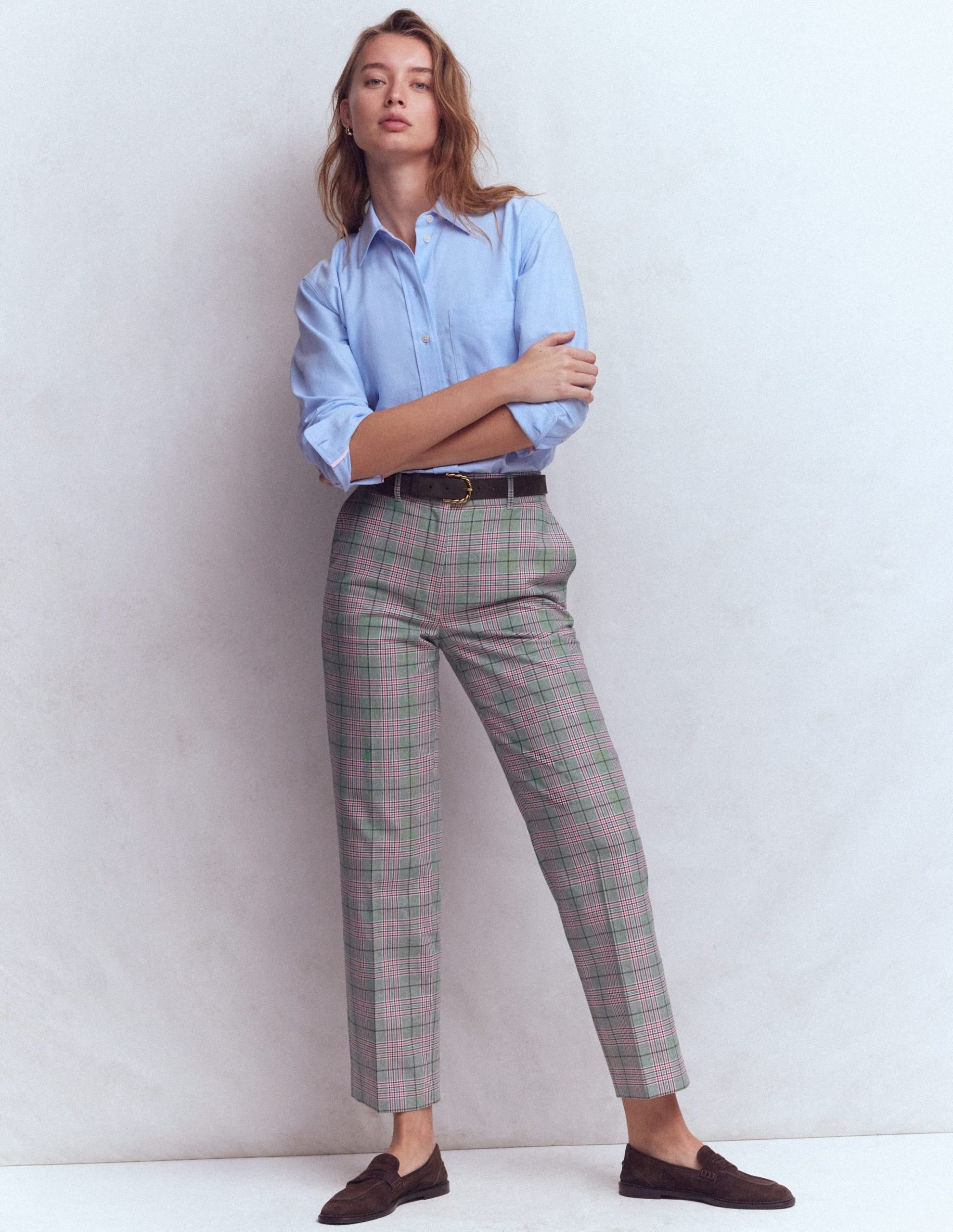 Canonbury Tailored Pants-Green. Pink and Brown Check