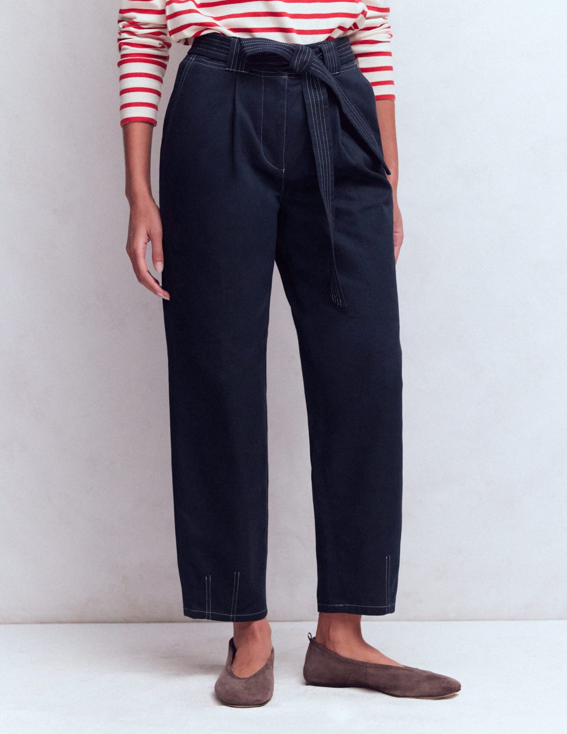 Belted Barrel Leg Pants-Navy - Image 4