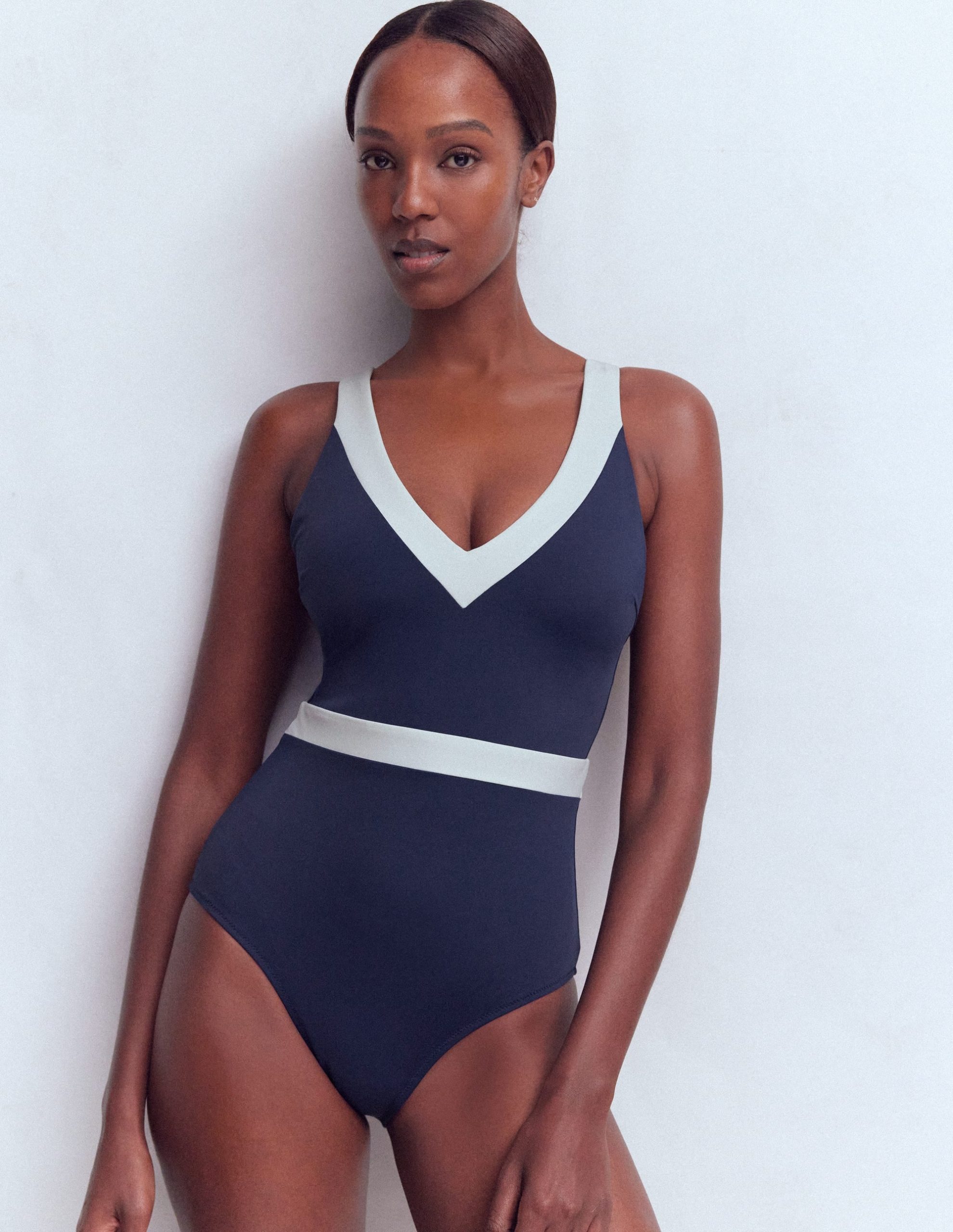 Campania Cross-back Swimsuit-Navy. Ivory Colourblock