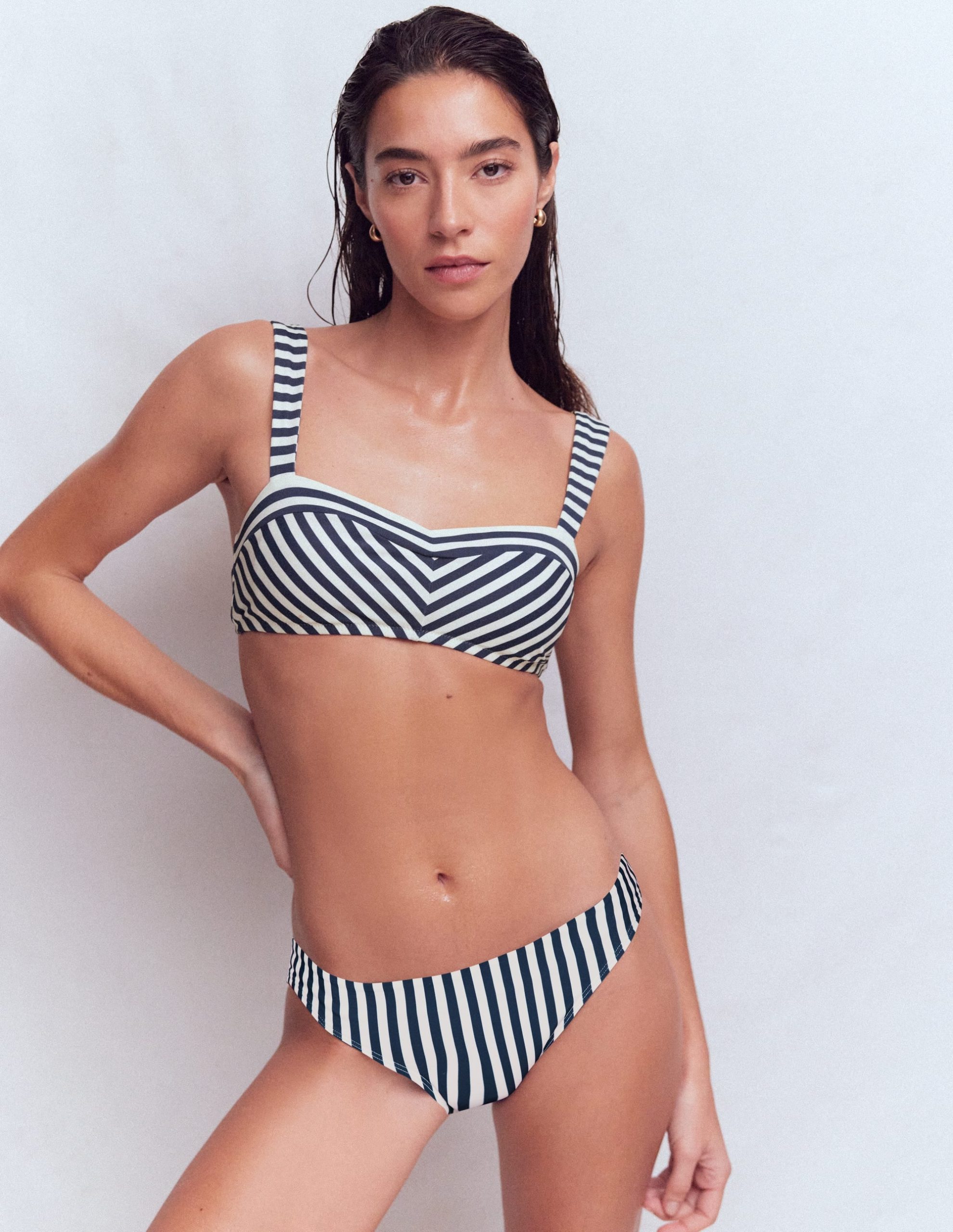 Clean Sweetheart Bikini Top-Navy. Ivory Stripe