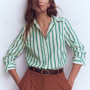 Sienna Cotton Shirt-Green and Ivory Stripe