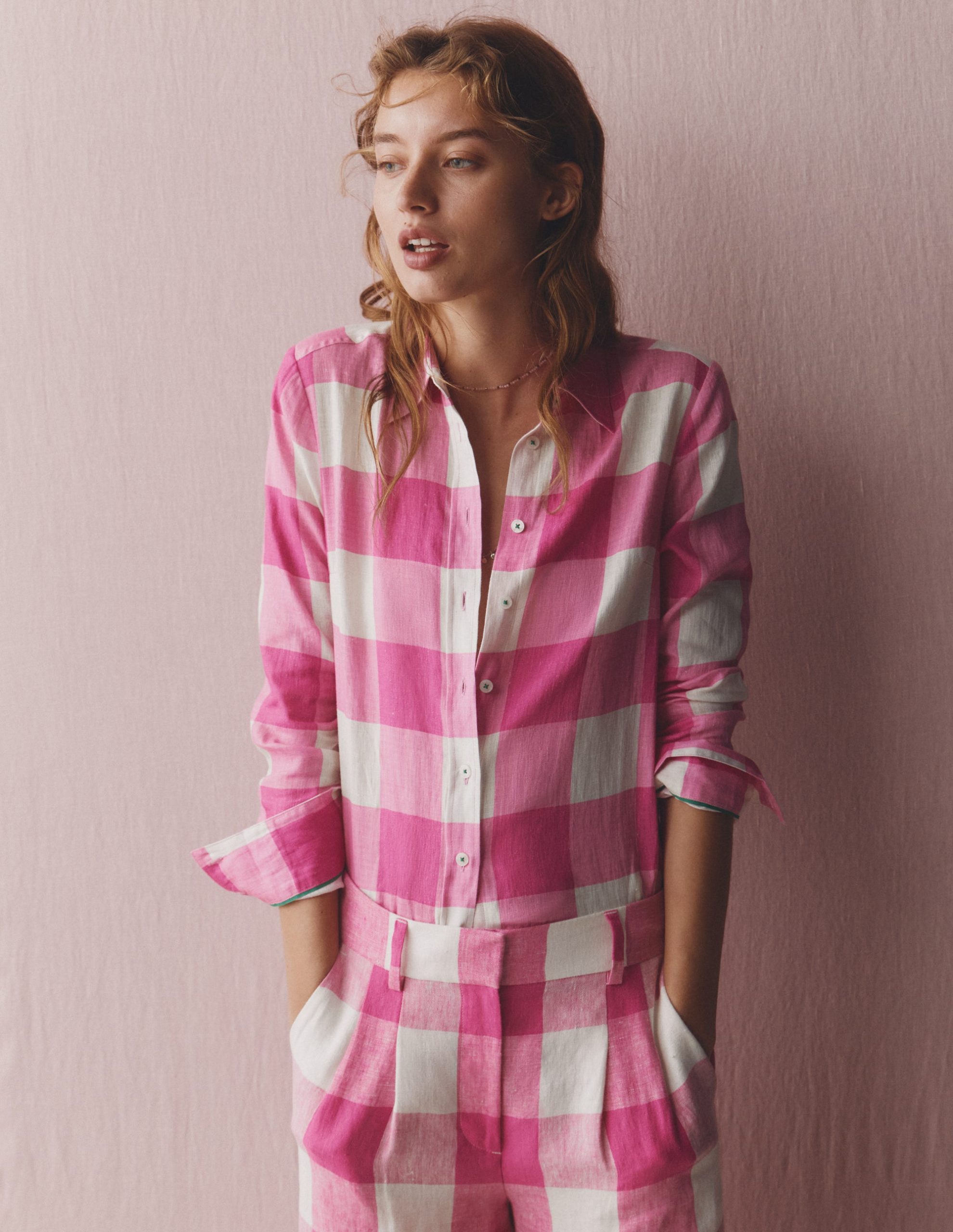 Sienna Linen Shirt-Pink Punch Gingham - Image 6