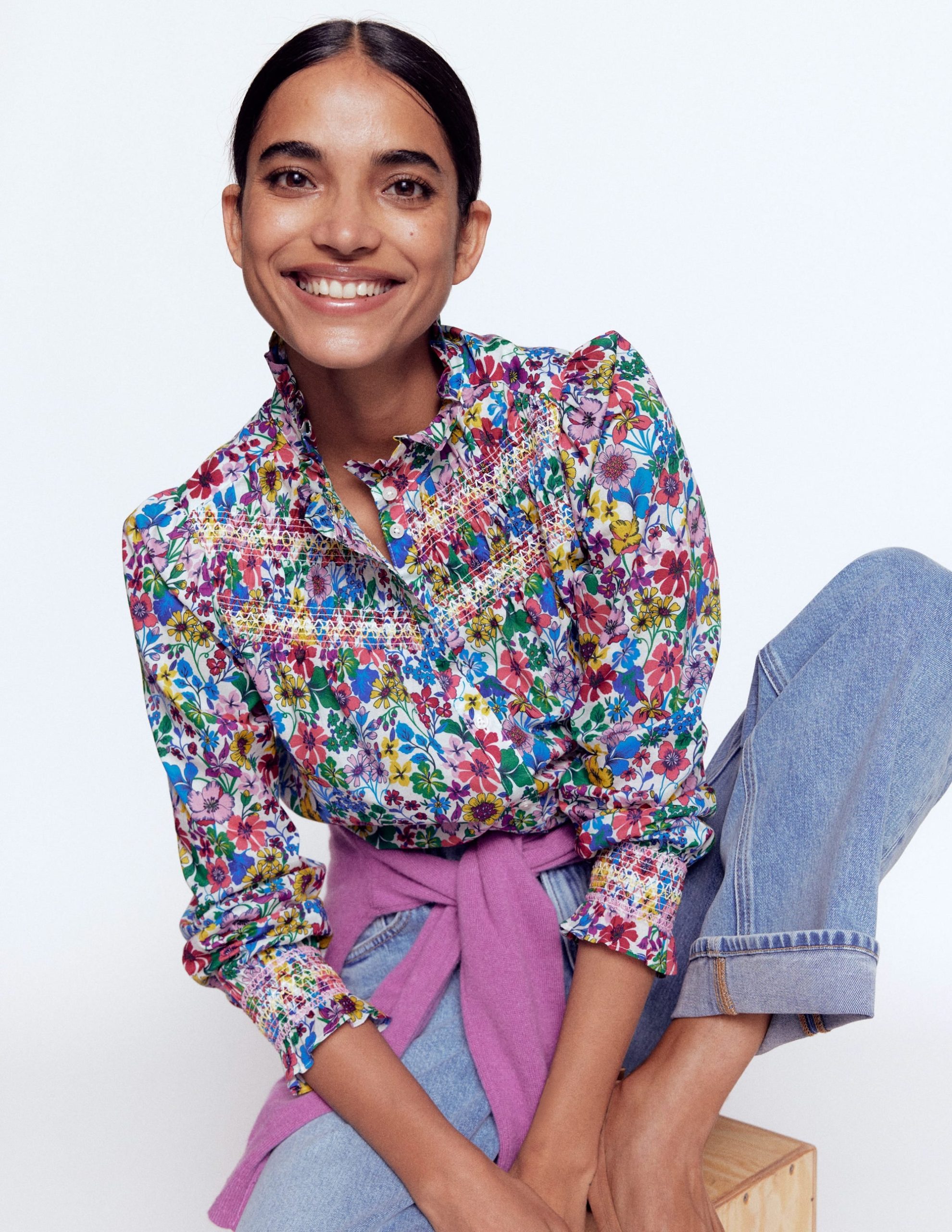 Esme Smocked Detail Frill Top-Multi. Blossoming Garden - Image 5