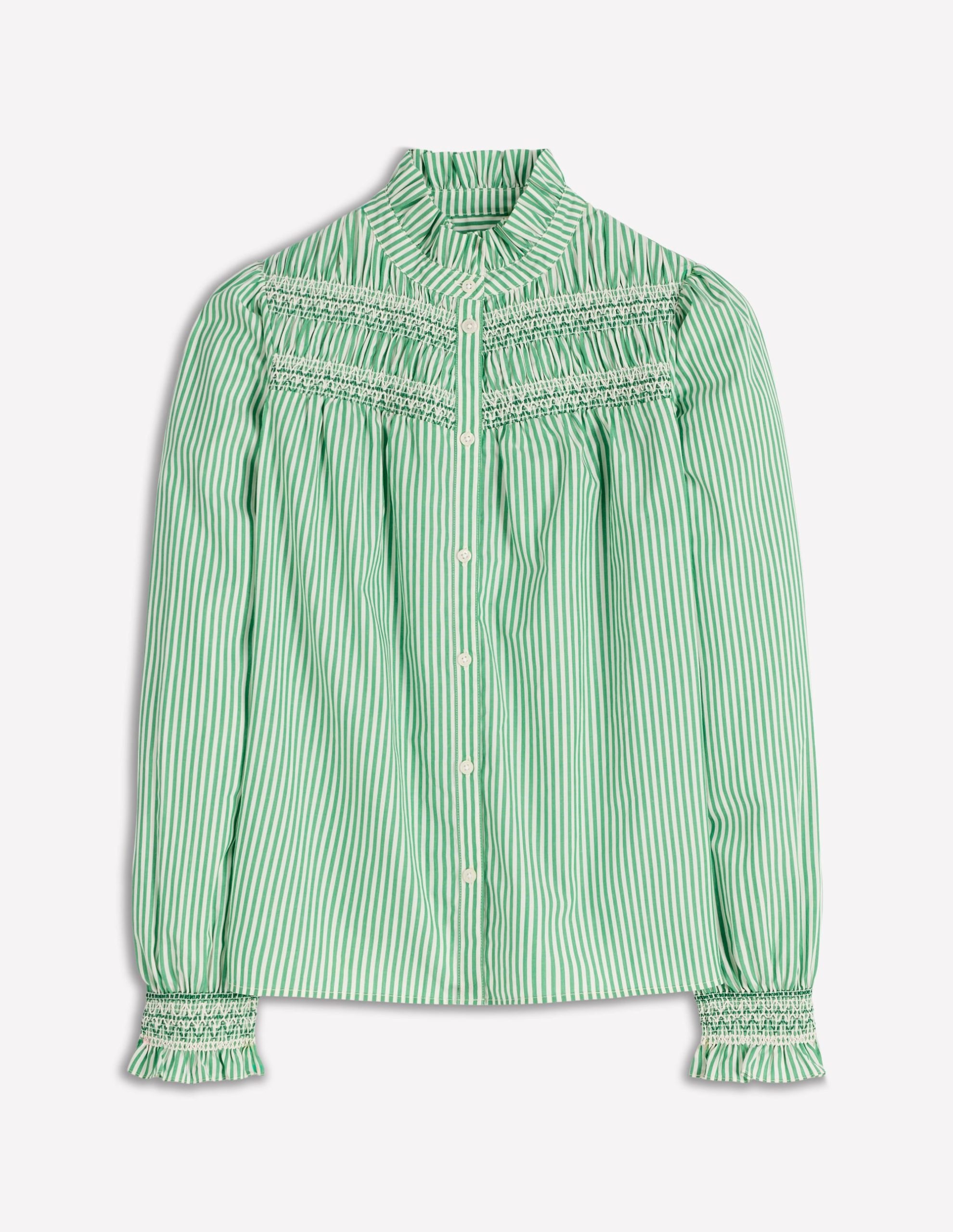 Esme Smocked Detail Frill Top-Highland Green. Ivory Stripe - Image 6