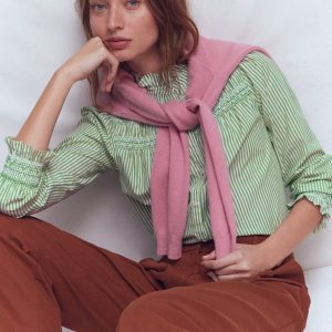 Esme Smocked Detail Frill Top-Highland Green. Ivory Stripe