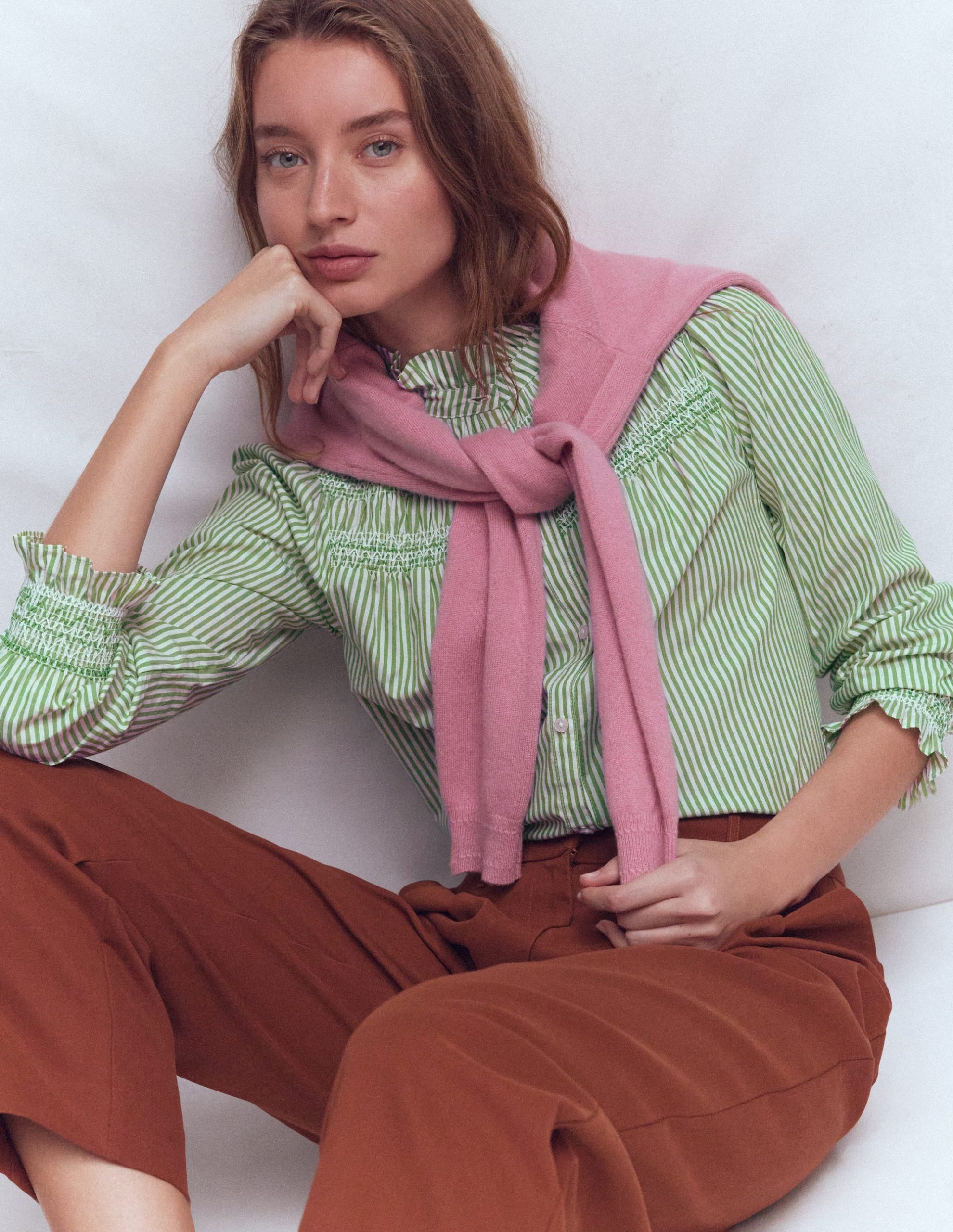 Esme Smocked Detail Frill Top-Highland Green. Ivory Stripe
