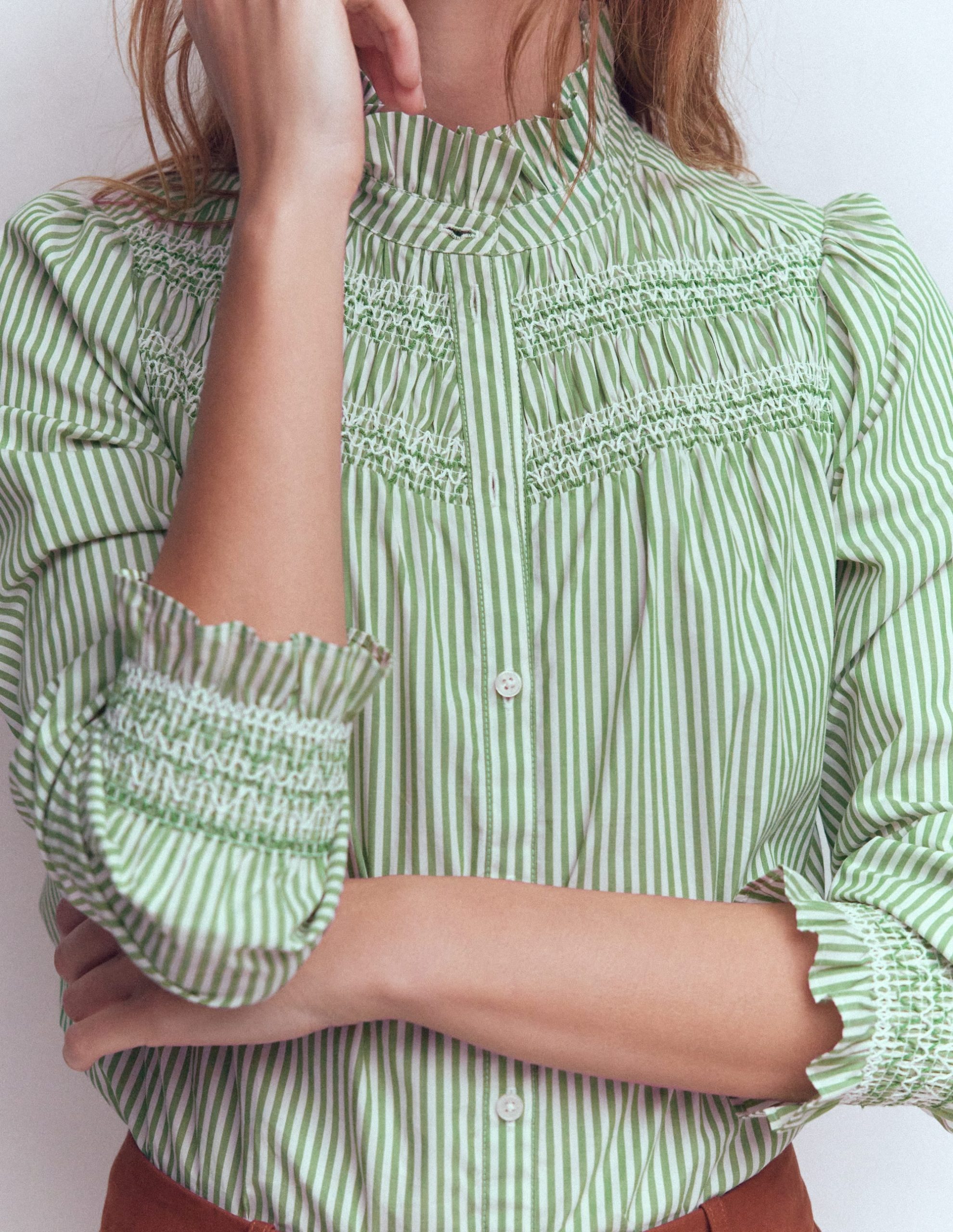 Esme Smocked Detail Frill Top-Highland Green. Ivory Stripe - Image 2