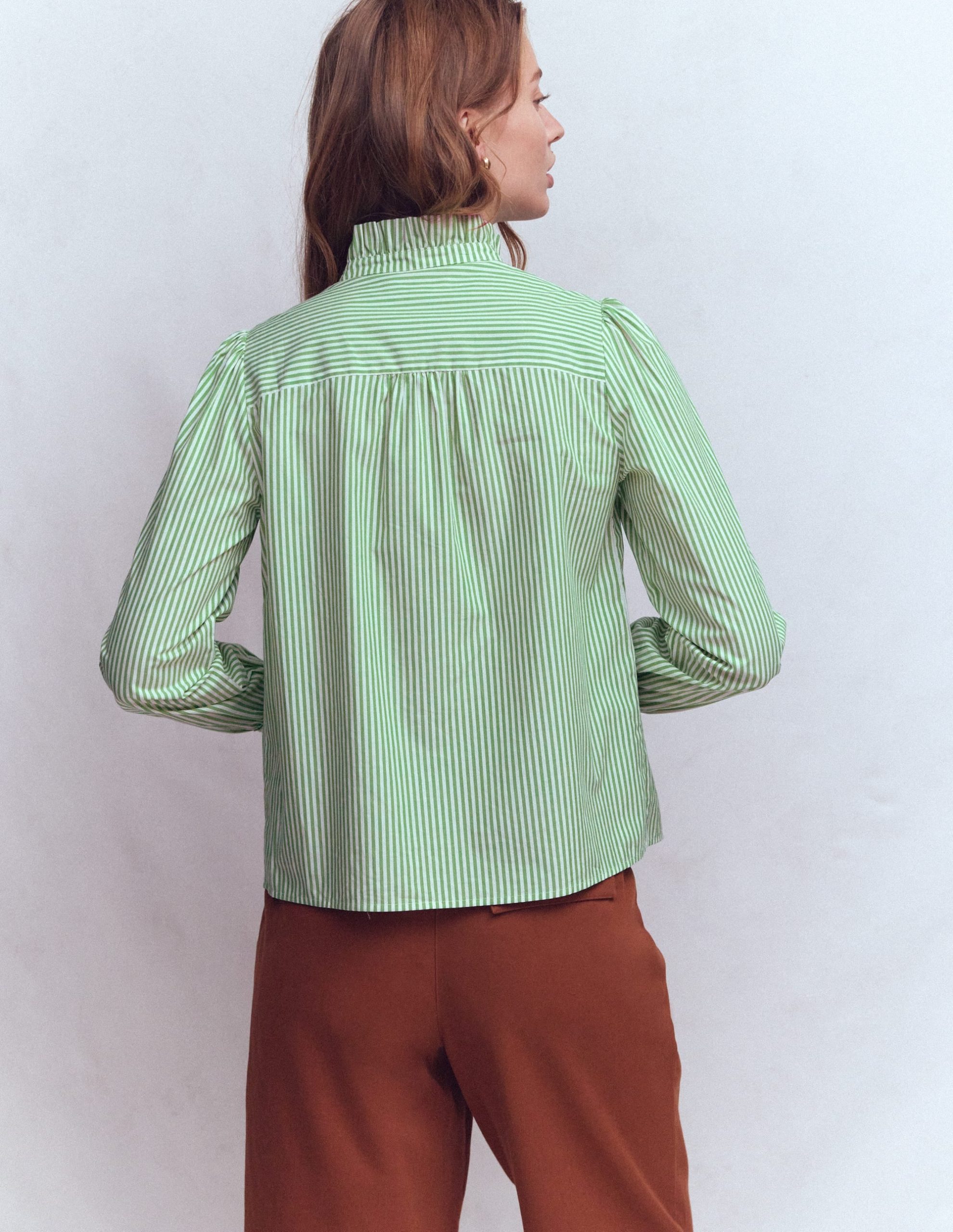 Esme Smocked Detail Frill Top-Highland Green. Ivory Stripe - Image 3