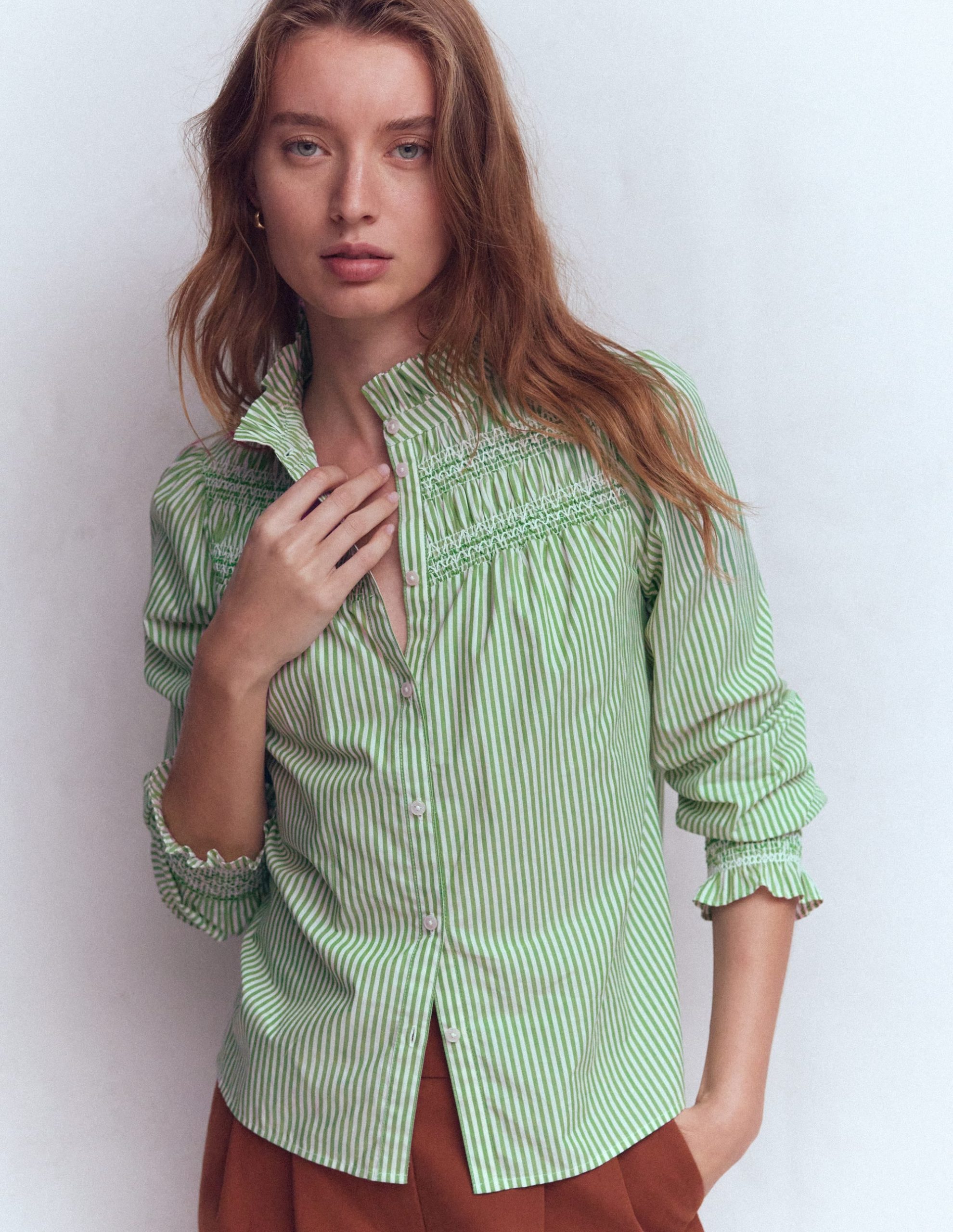 Esme Smocked Detail Frill Top-Highland Green. Ivory Stripe - Image 4