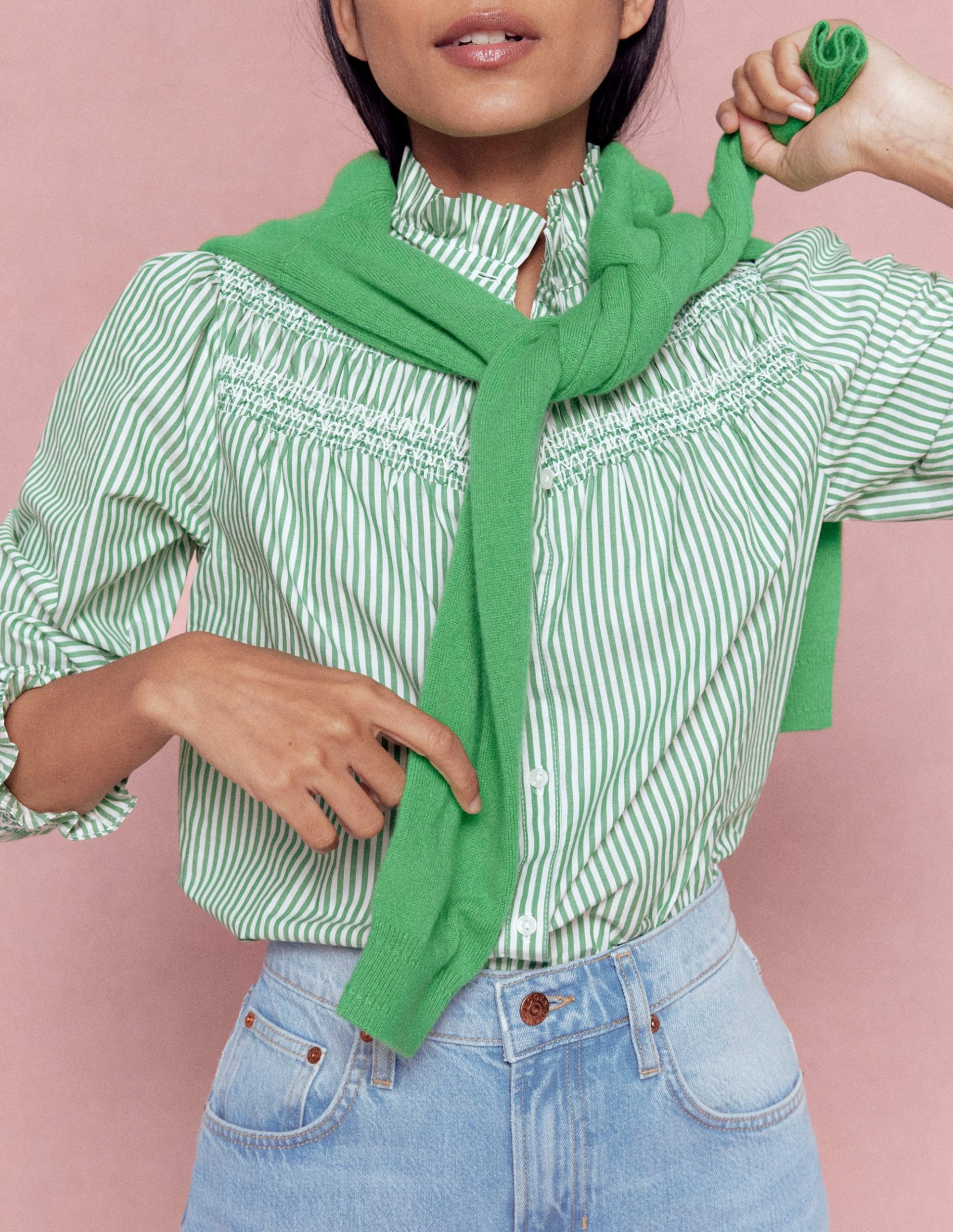 Esme Smocked Detail Frill Top-Highland Green. Ivory Stripe - Image 5