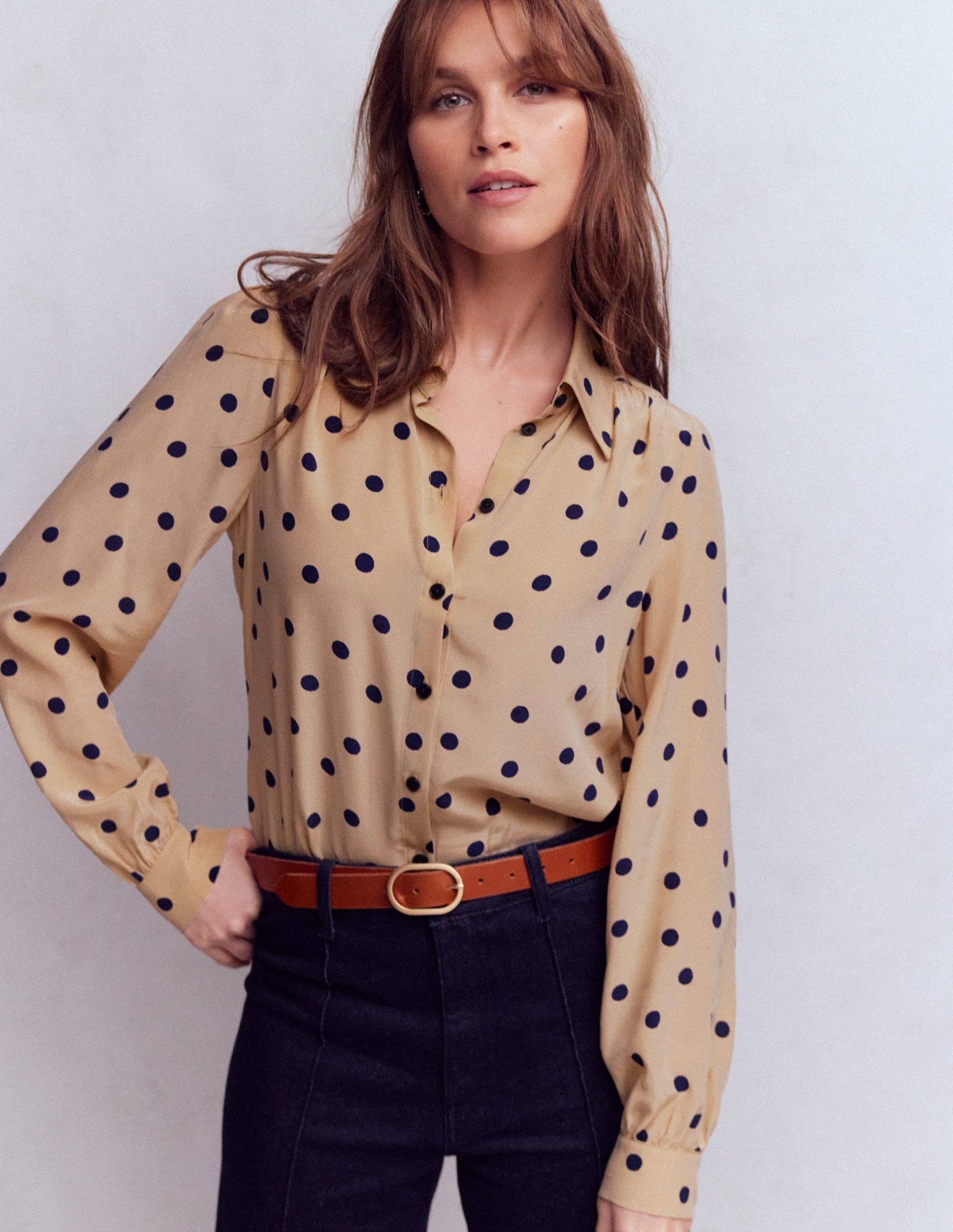 Sara Silk Shirt-Sand. Painted Dot Spaced