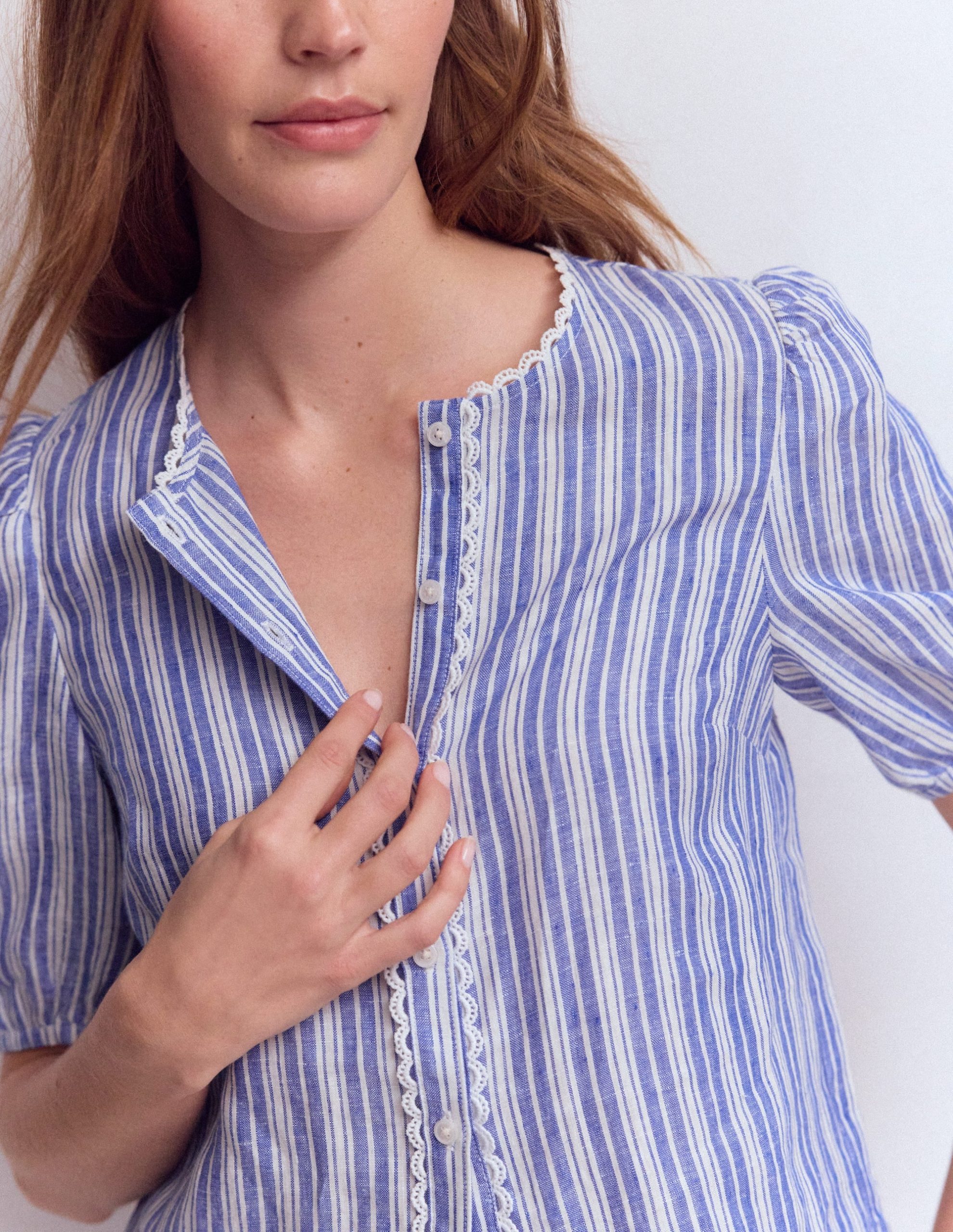 Leah Short Sleeve Linen Top-Bright Blue Varigated Stripe - Image 2