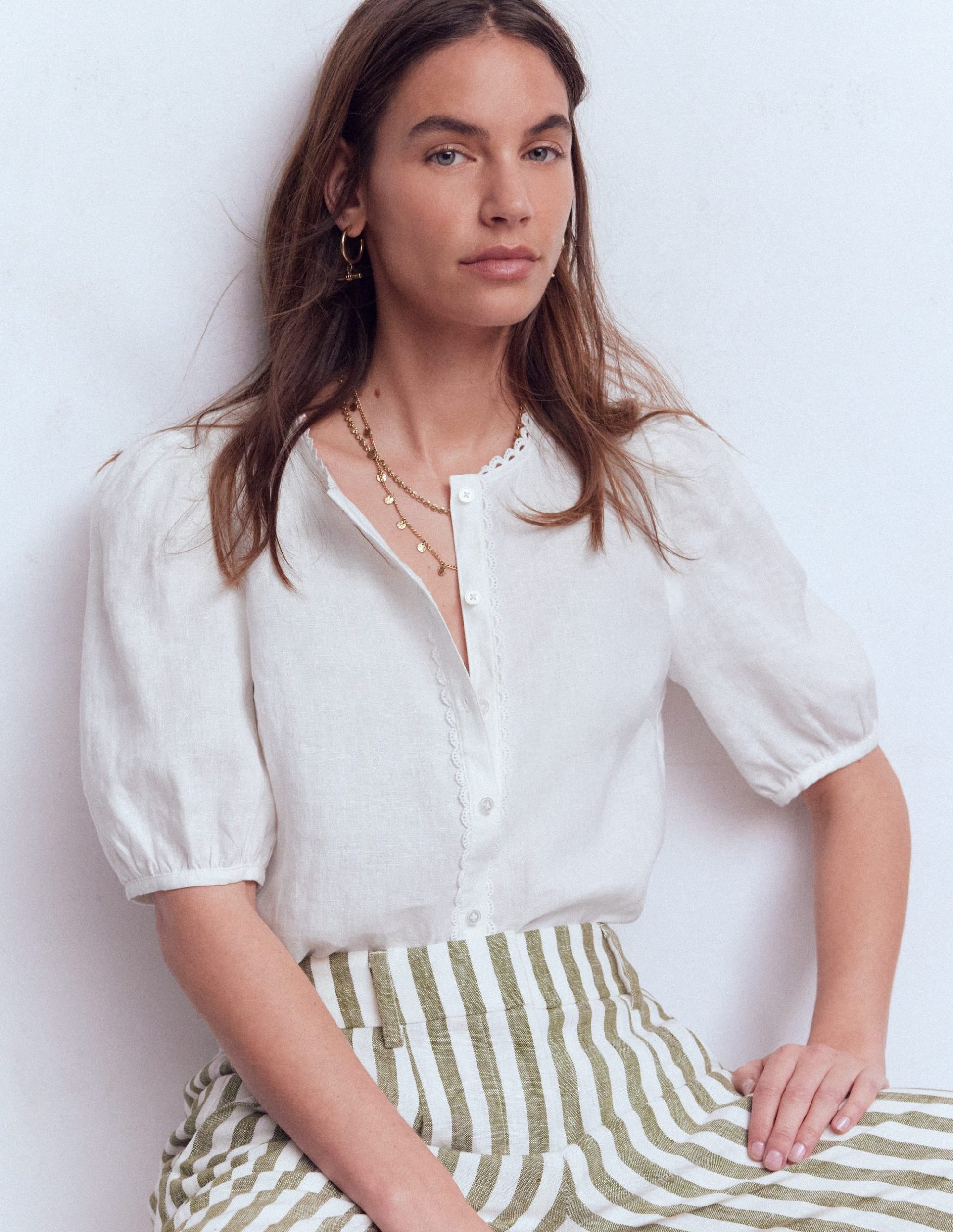 Leah Short Sleeve Linen Top-White