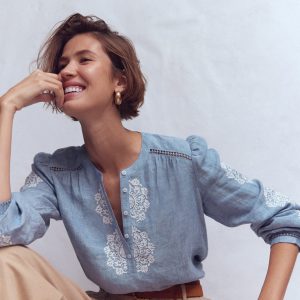 Embroidered Trim Interest Top-Chambray