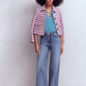 Short Sleeve Zip Collar Top-Silver Lake